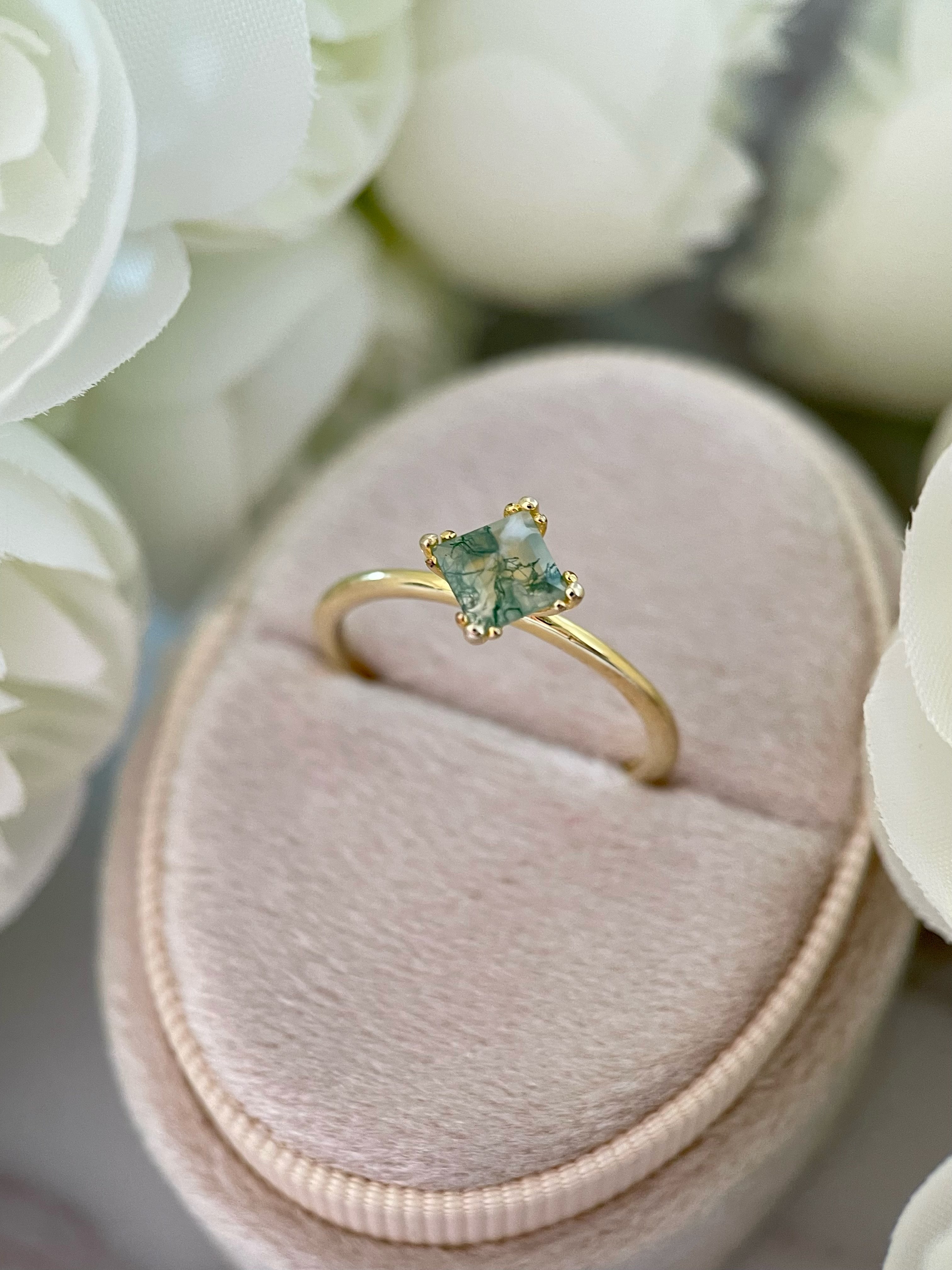 【Sylvan Majesty】Unique Handmade Natural Moss Agate Engagement Ring 0.75ct Princess Cut