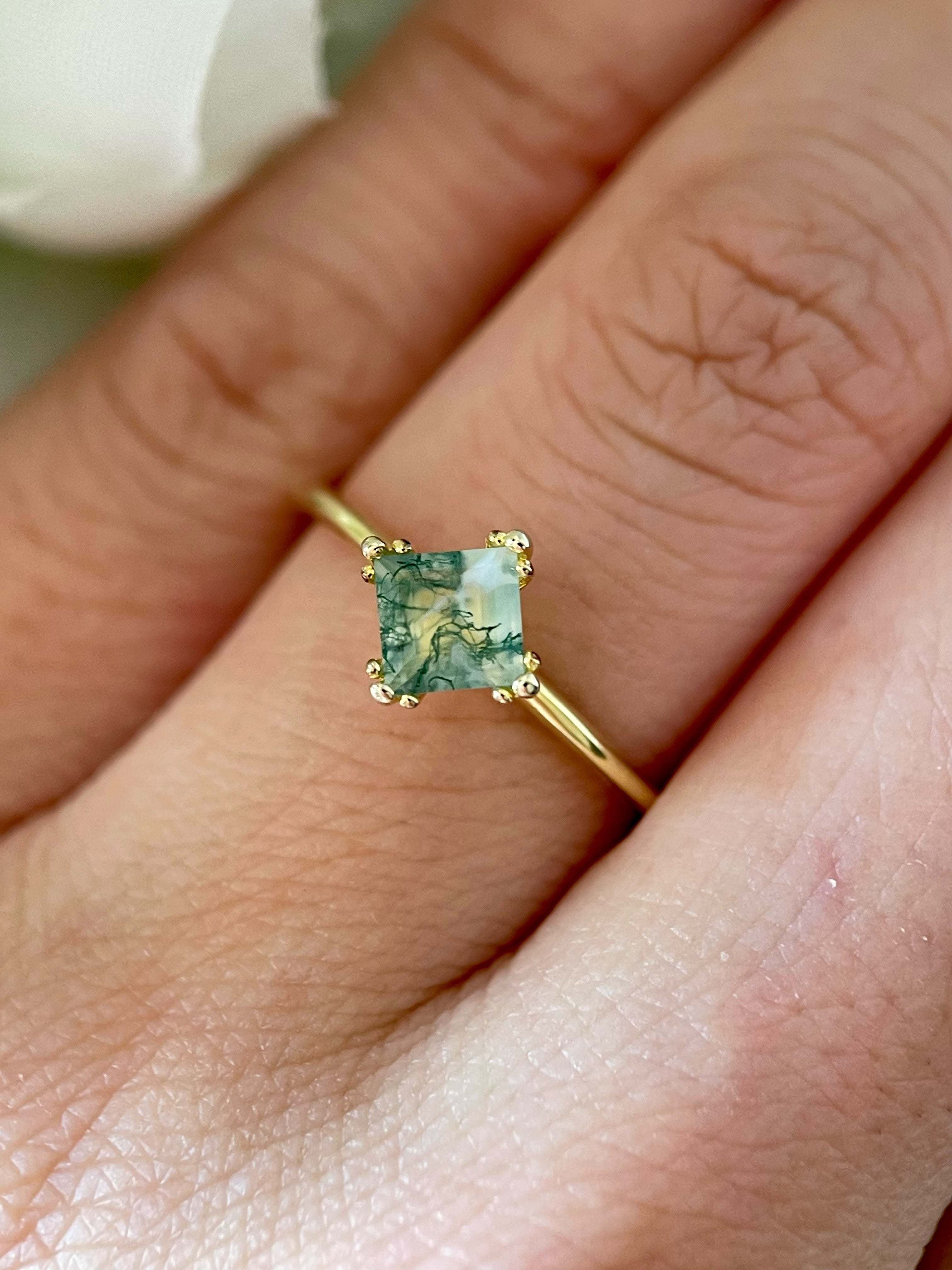 【Sylvan Majesty】Unique Handmade Natural Moss Agate Engagement Ring 0.75ct Princess Cut