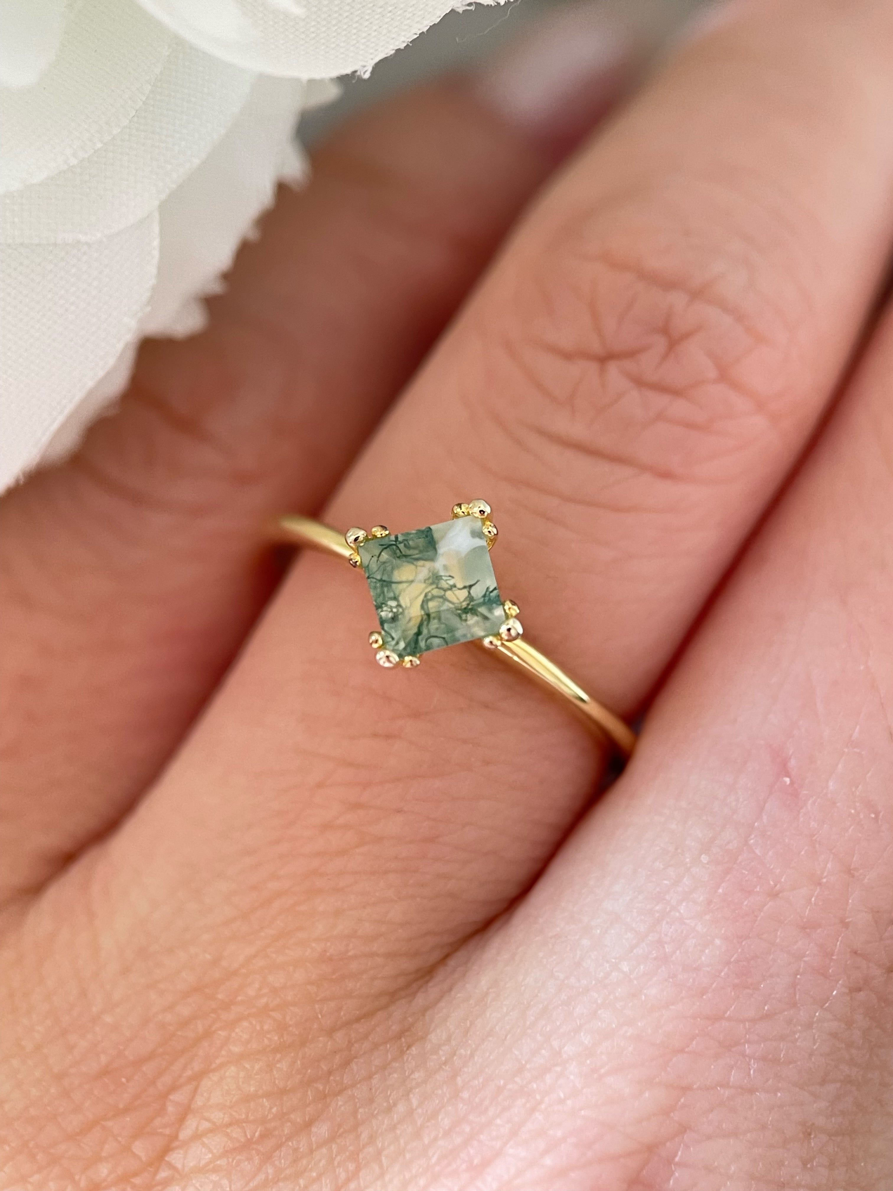 【Sylvan Majesty】Unique Handmade Natural Moss Agate Engagement Ring 0.75ct Princess Cut