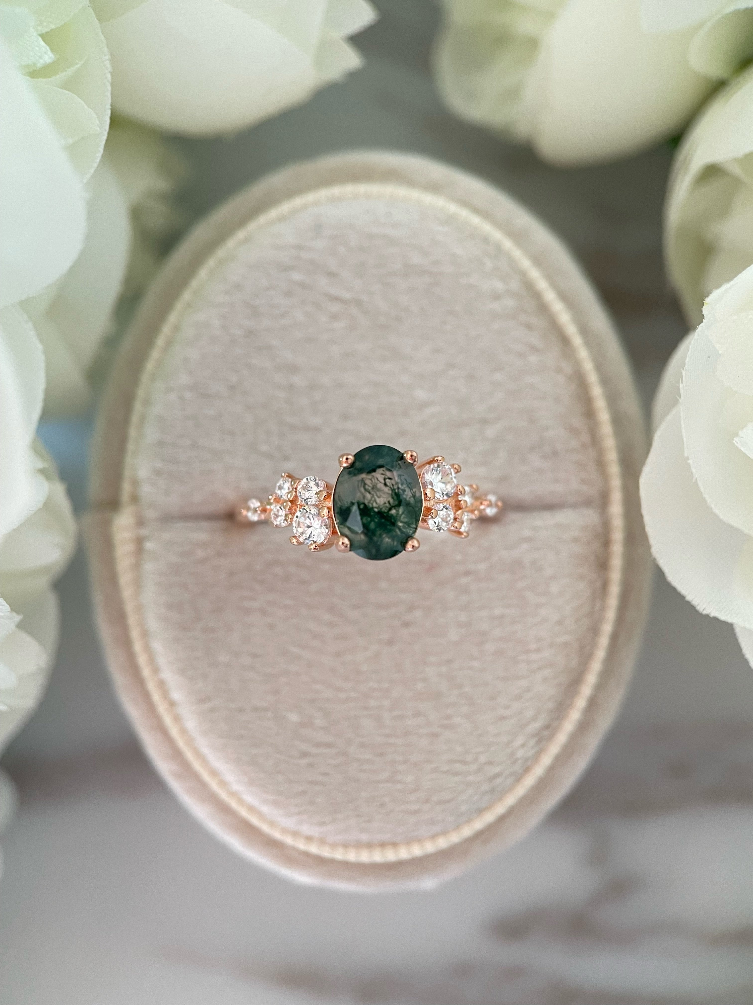 【Sylvan Halo】Bague de fiançailles unique, faite main, en agate mousse naturelle de 1,5 ct, forme ovale