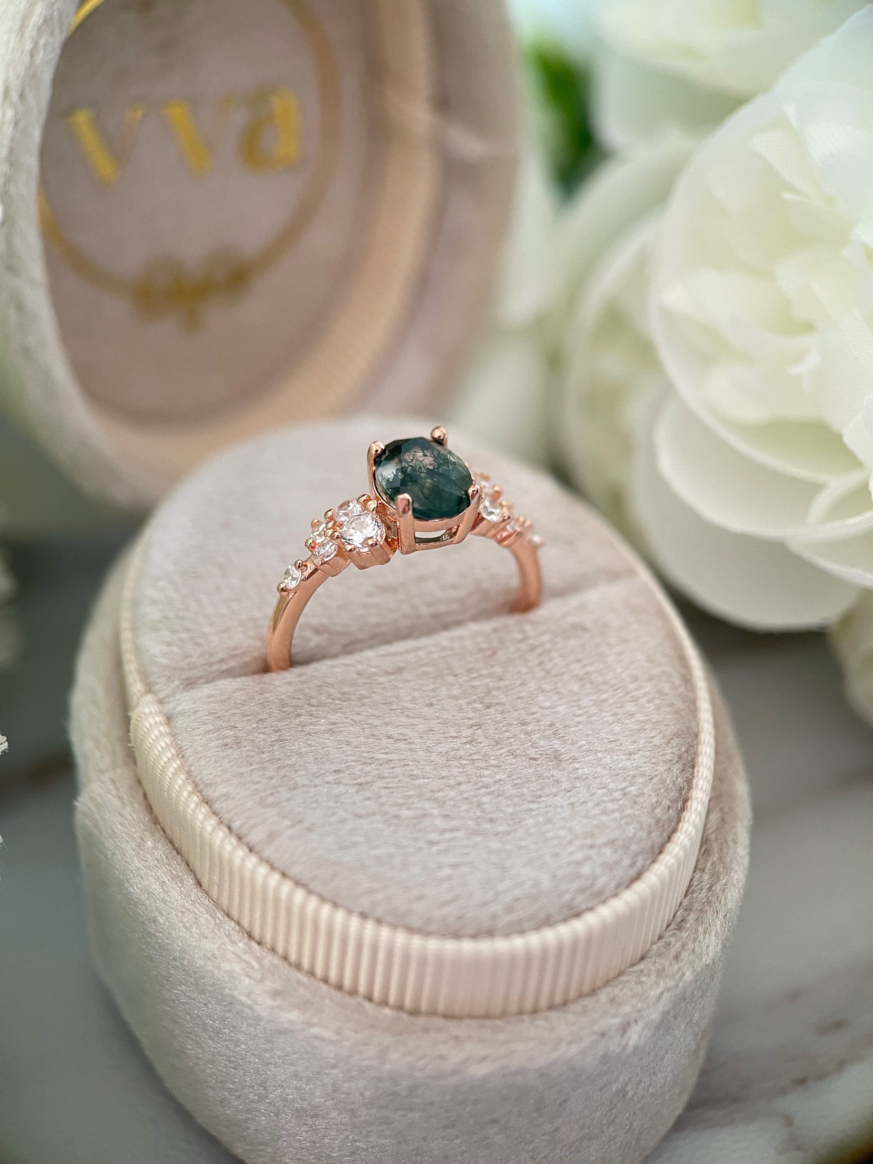 【Sylvan Halo】Bague de fiançailles unique, faite main, en agate mousse naturelle de 1,5 ct, forme ovale