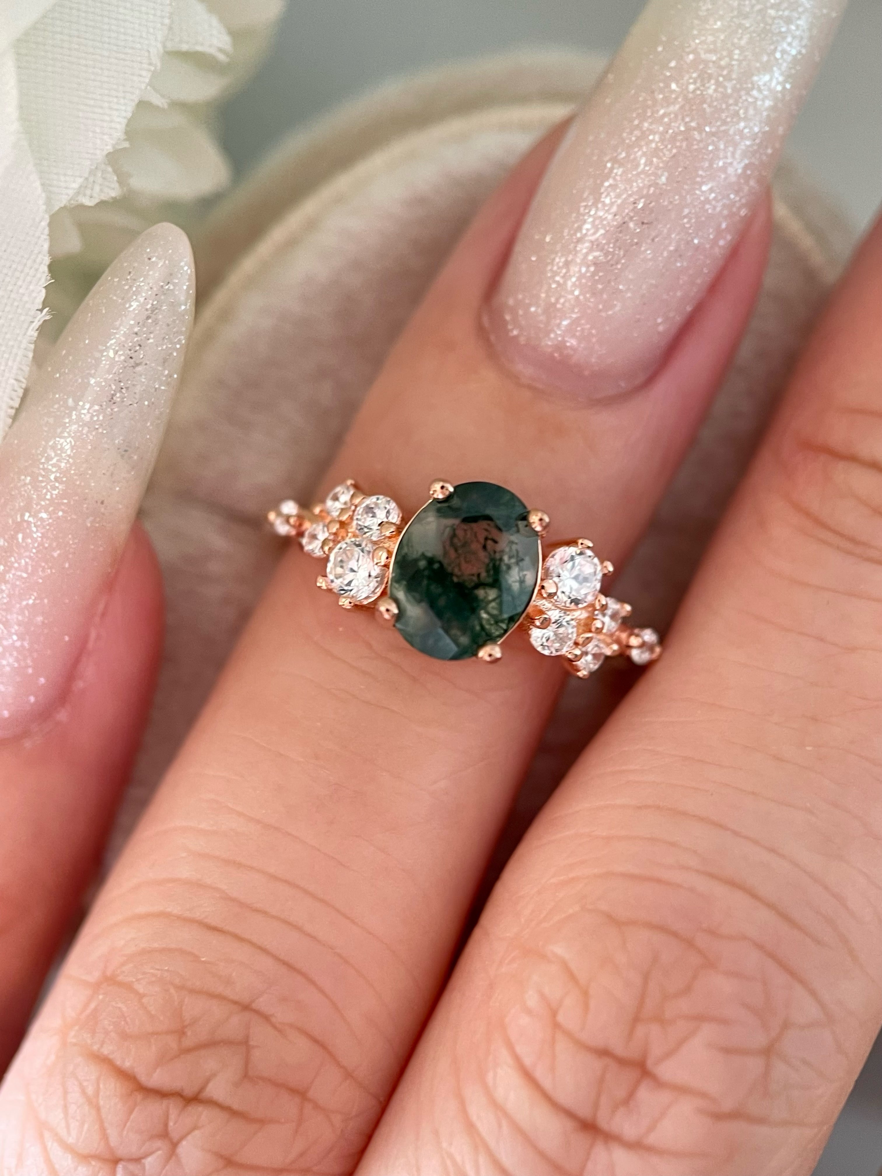 【Sylvan Halo】Bague de fiançailles unique, faite main, en agate mousse naturelle de 1,5 ct, forme ovale