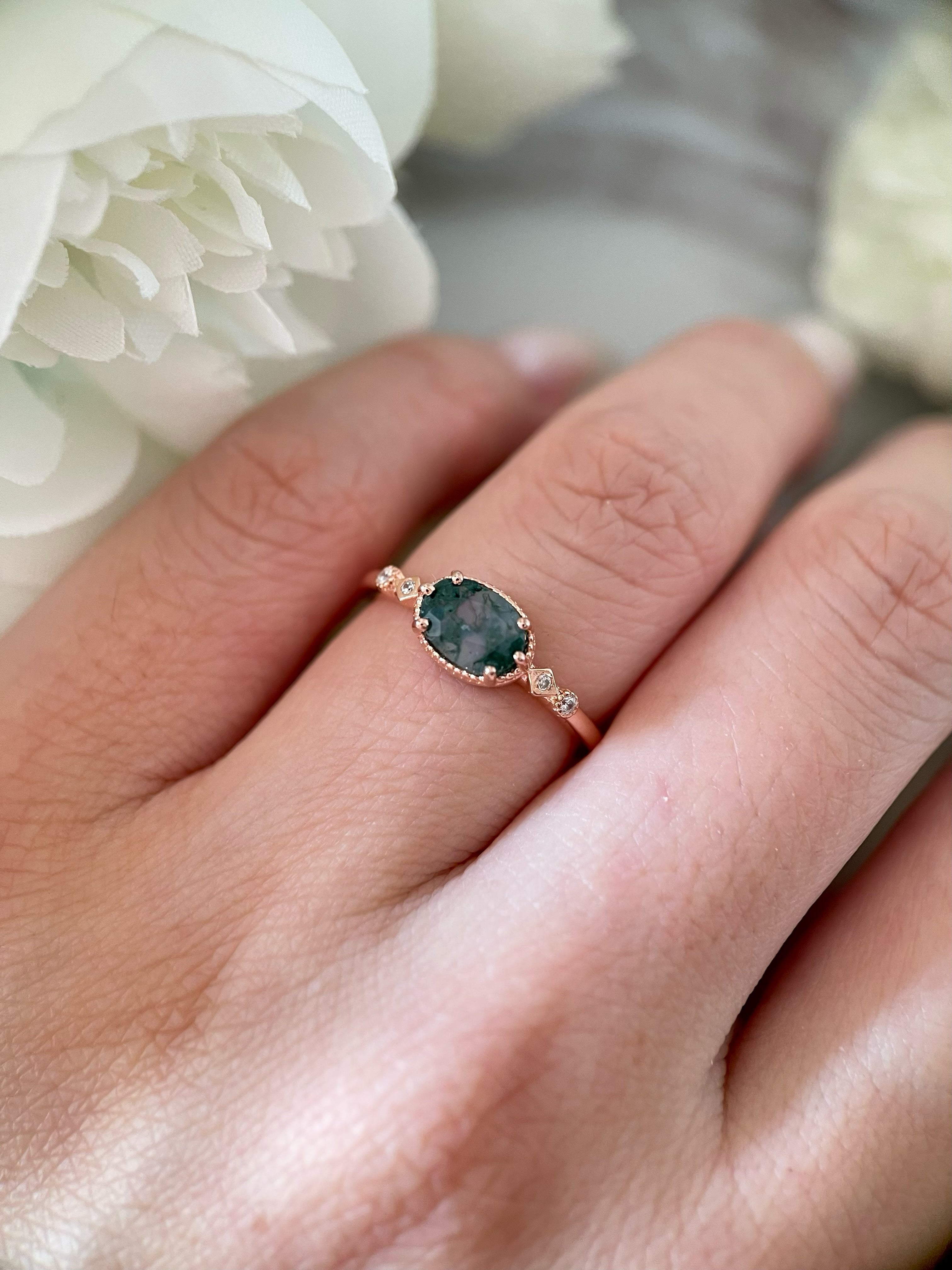 【The Still Pond】Unique Handmade Natural Moss Agate Engagement Ring 0.75ct Oval Cut