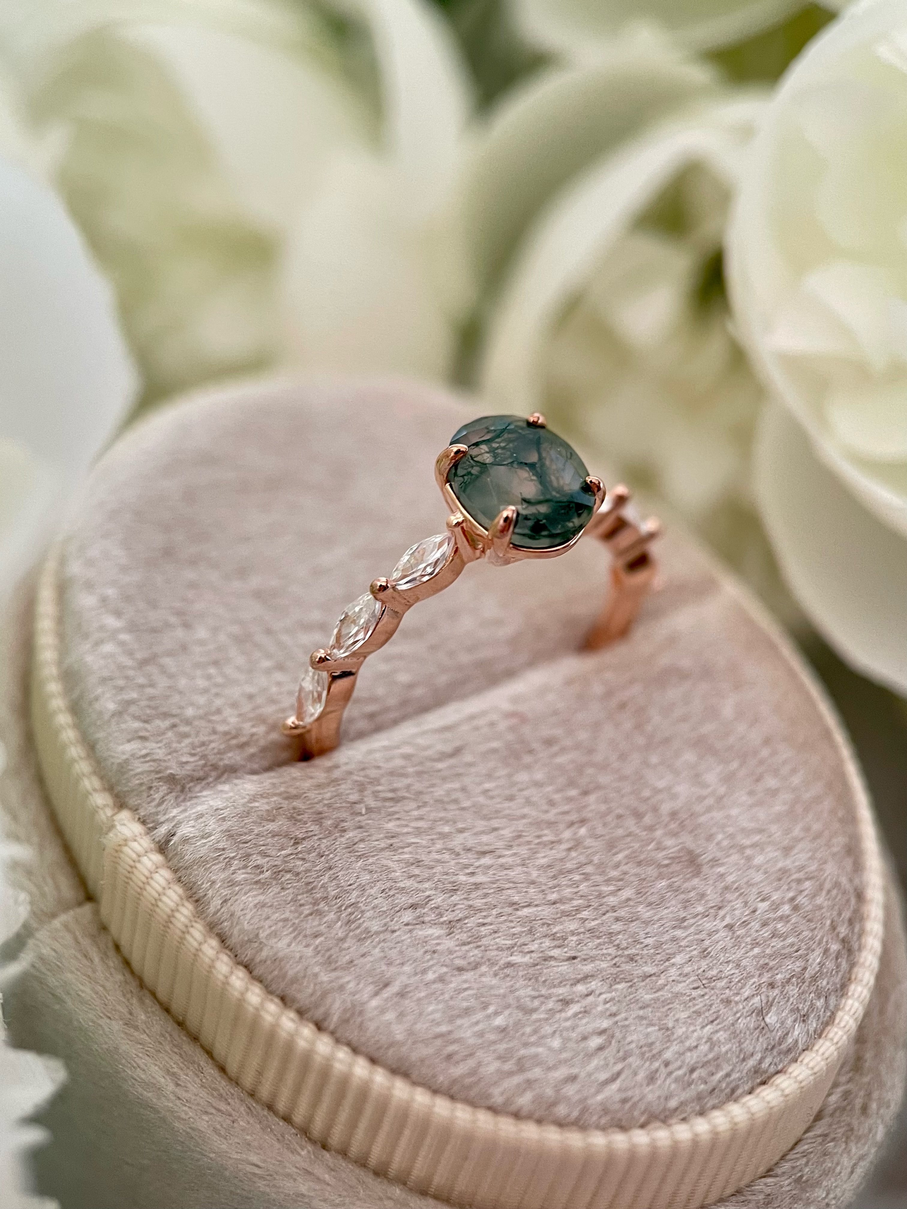 【Greenwood】Bague de fiançailles unique en agate mousse naturelle faite à la main, 1,5 ct, forme ovale