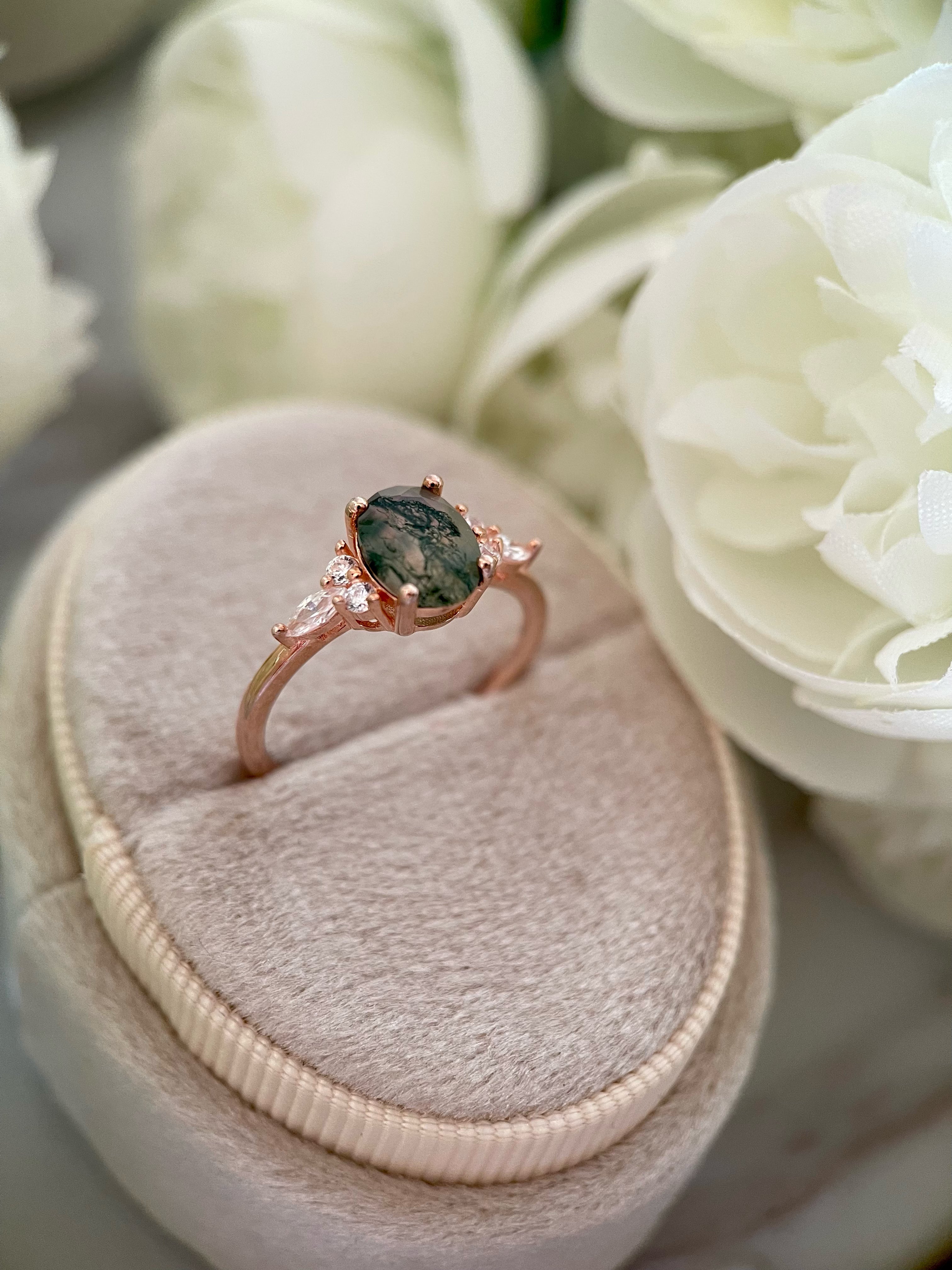 【Gala Garden】Bague de fiançailles unique en agate mousse naturelle faite à la main, de forme ovale, 1,5 ct