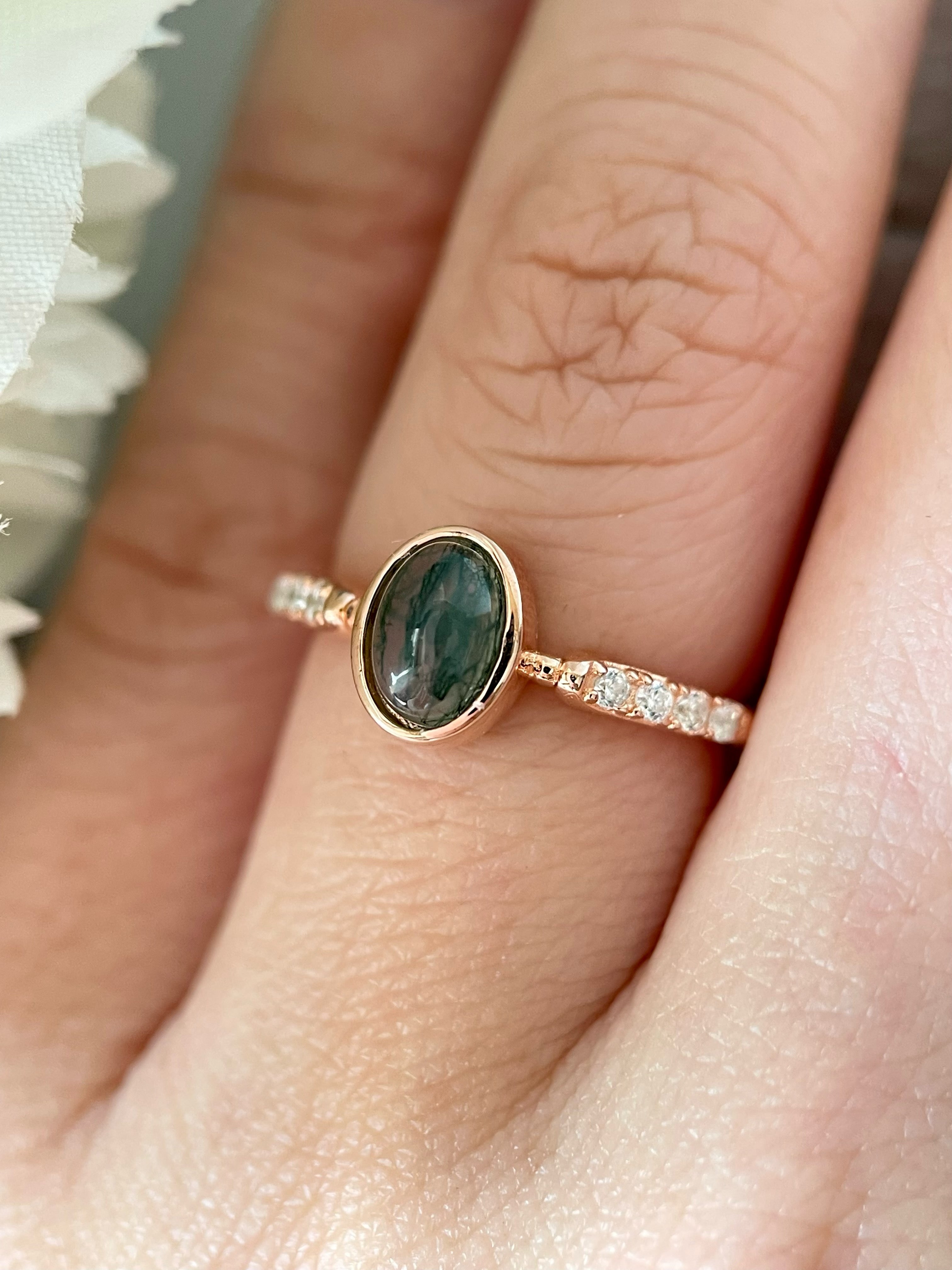 【Mossward】Bague de fiançailles unique en agate mousse naturelle faite à la main, de forme ovale, 0,8 ct