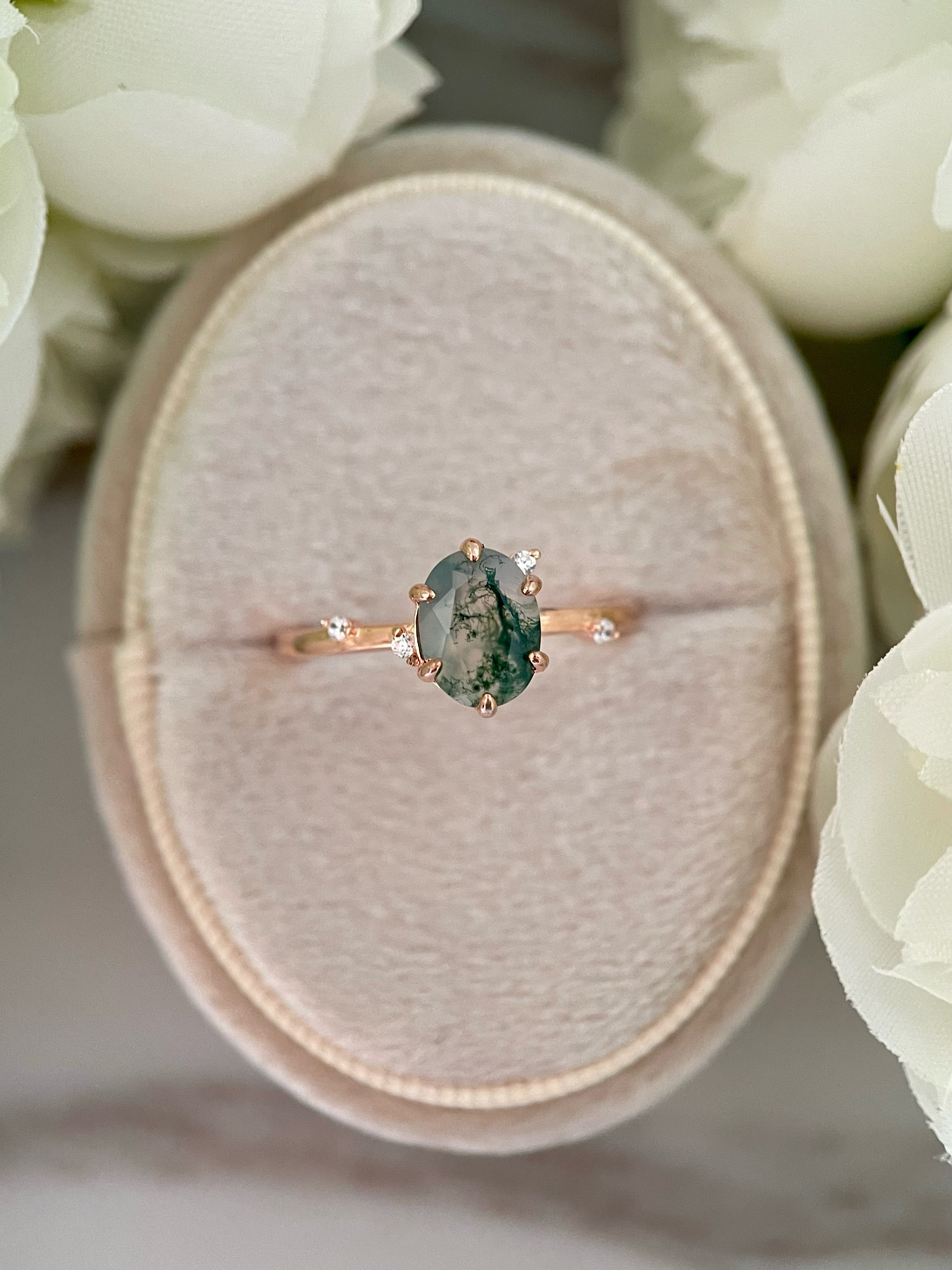 【Arbor】Bague de fiançailles unique en agate mousse naturelle faite à la main, 1,5 ct, forme ovale