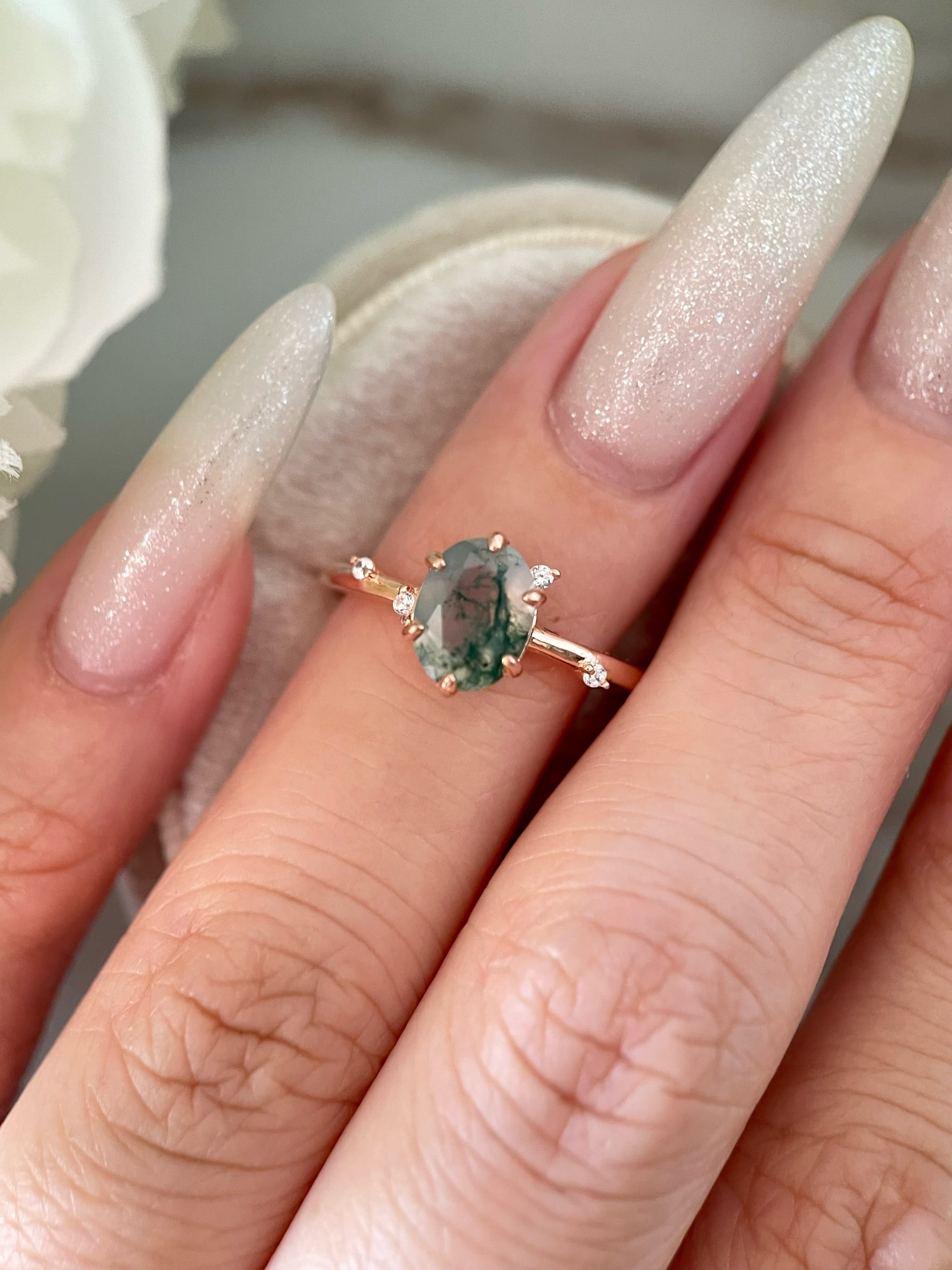 【Arbor】Bague de fiançailles unique en agate mousse naturelle faite à la main, 1,5 ct, forme ovale