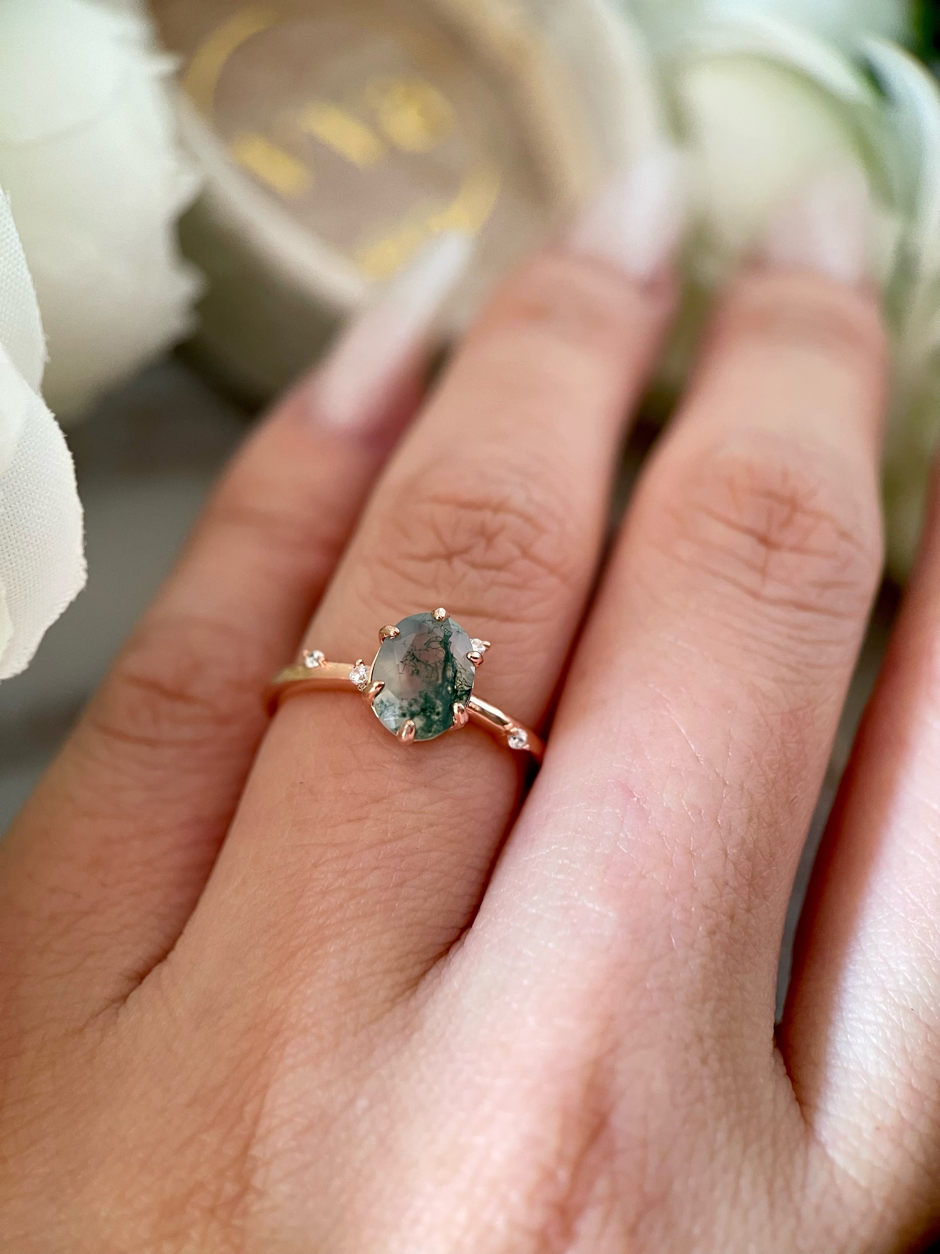 【Arbor】Bague de fiançailles unique en agate mousse naturelle faite à la main, 1,5 ct, forme ovale