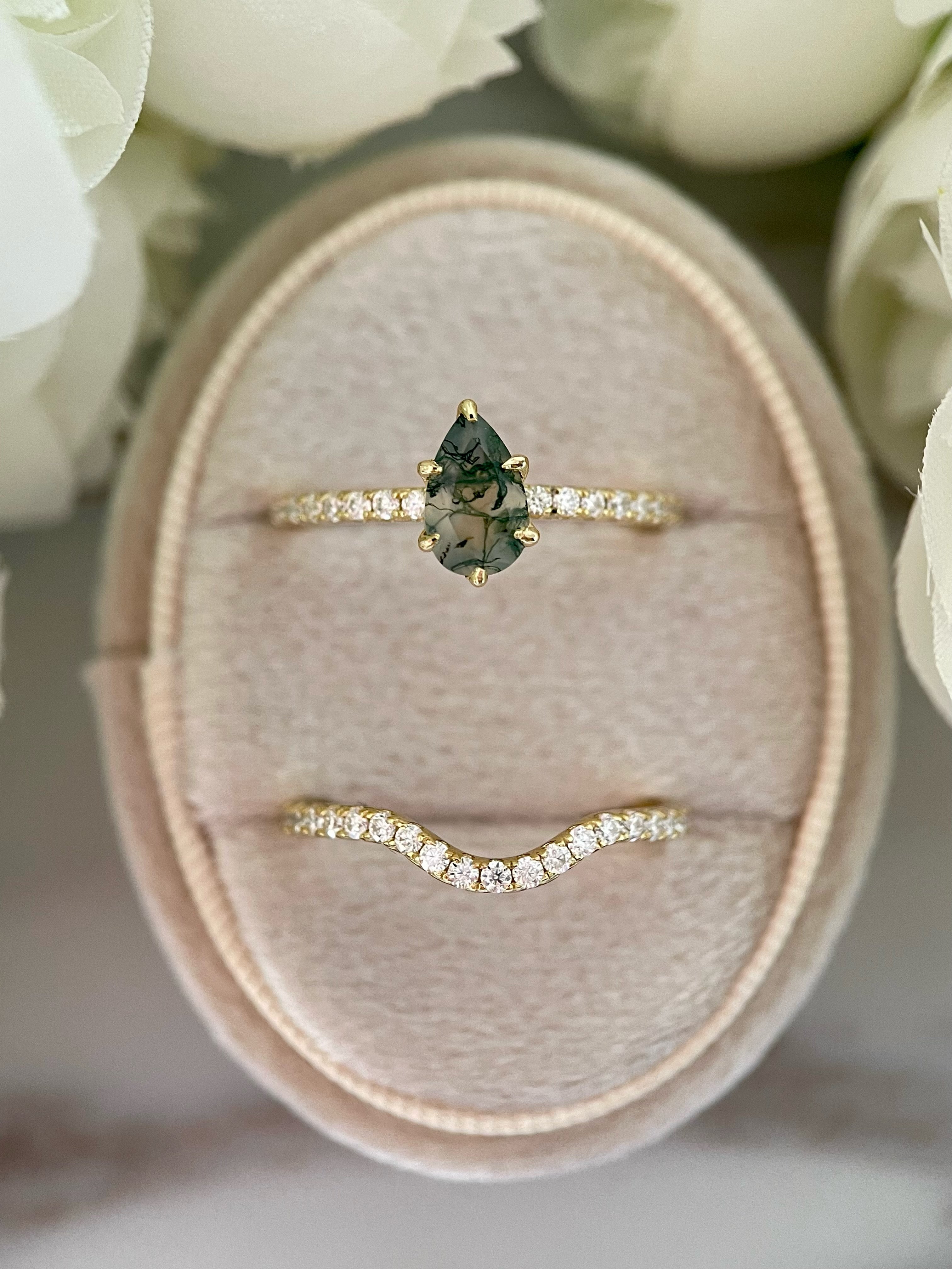 【Sylvan Covenant】Unique Handmade Natural Moss Agate Engagement Ring Set 2pcs 0.7ct Pear Shape