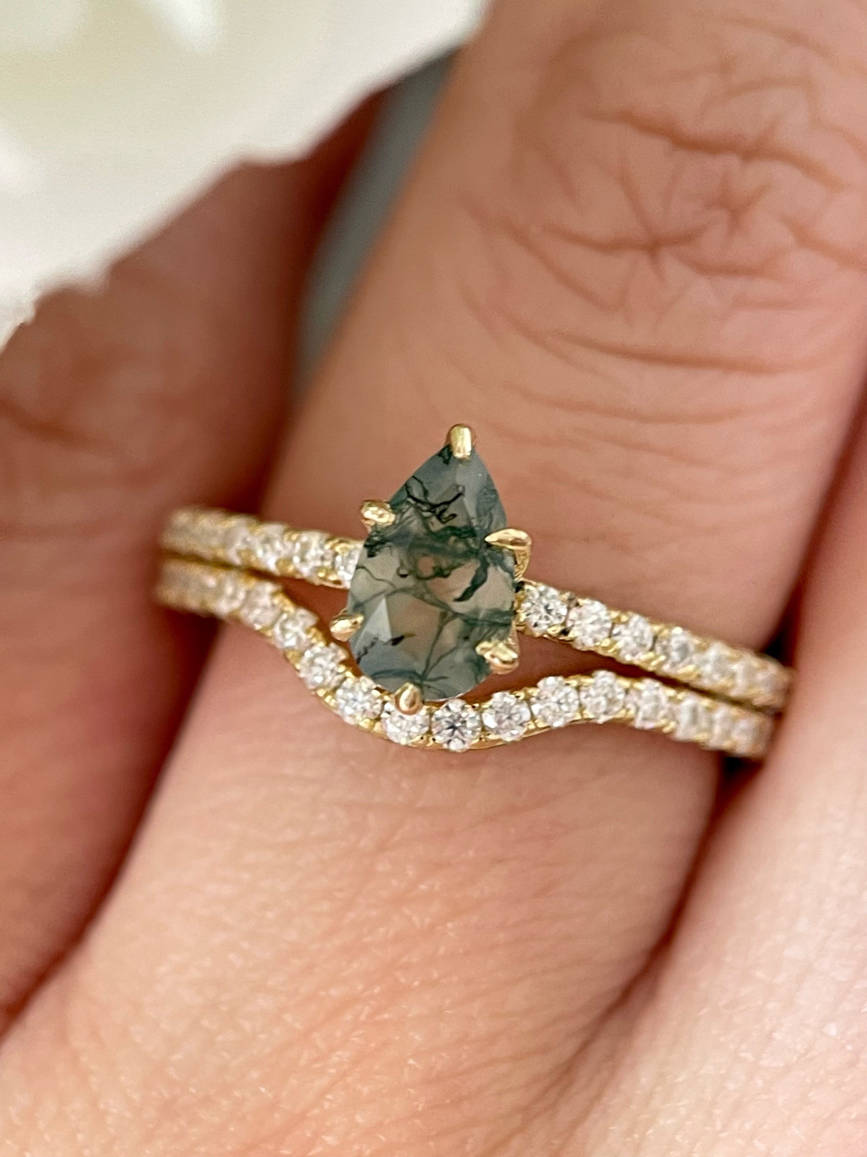 【Sylvan Covenant】Unique Handmade Natural Moss Agate Engagement Ring Set 2pcs 0.7ct Pear Shape