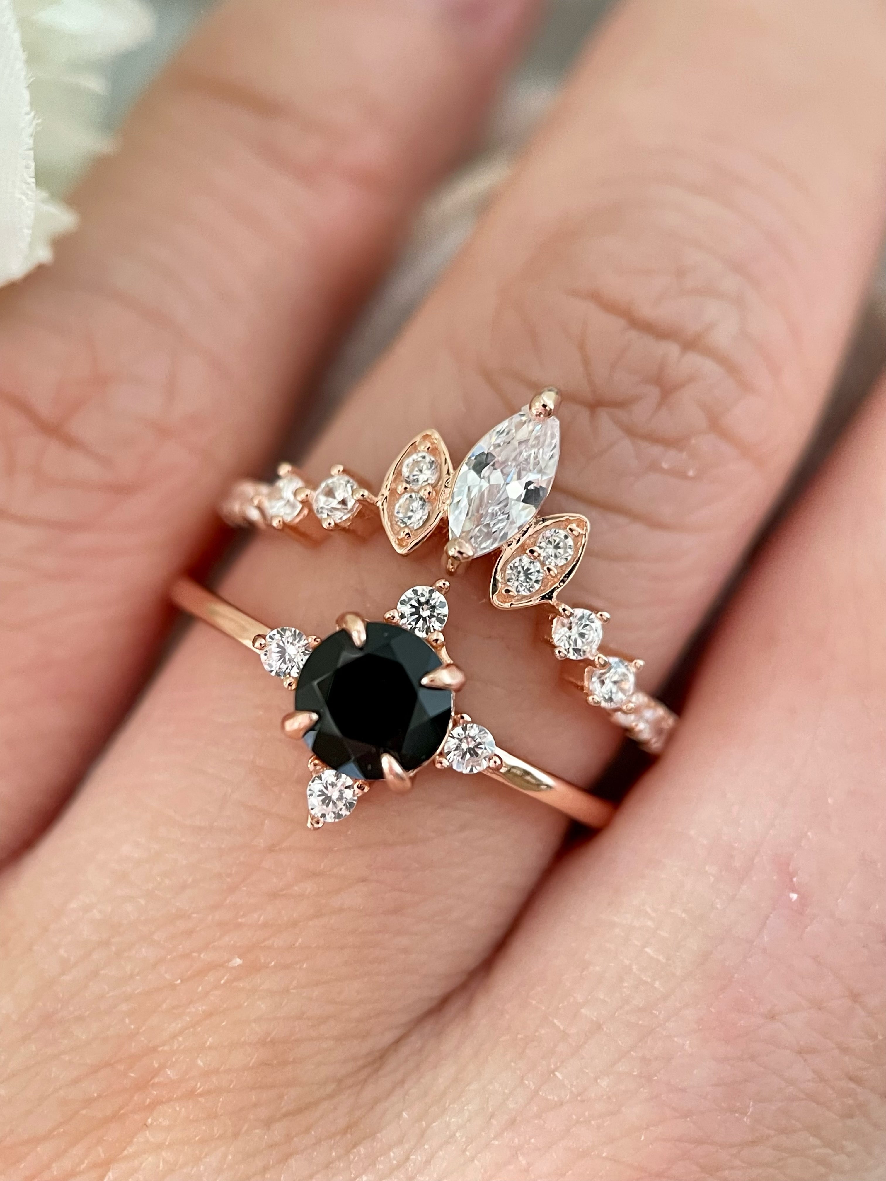 【HECATE SET】Unique Handmade Natural Black Onyx Engagement Ring Set 2pcs Round Cut 0.8ct