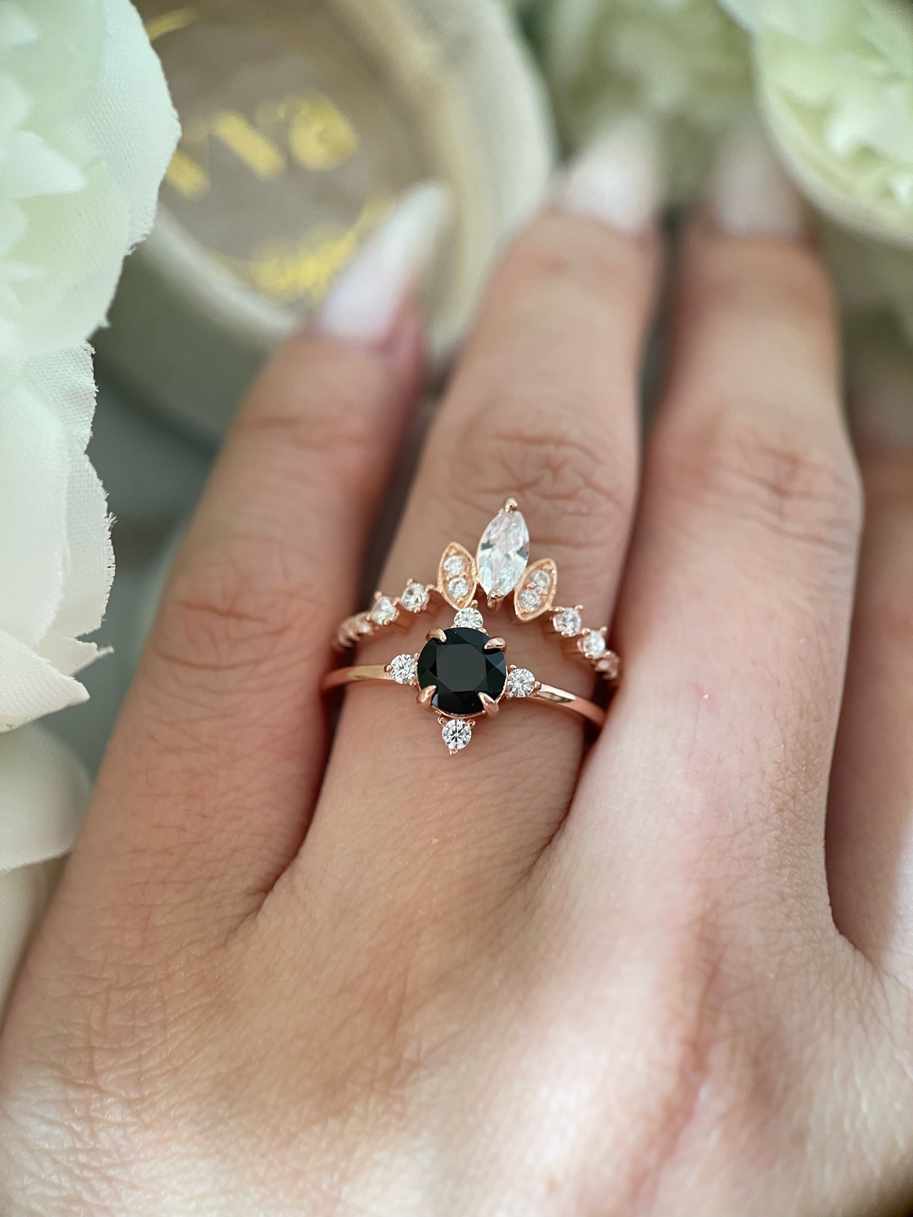 【HECATE SET】Unique Handmade Natural Black Onyx Engagement Ring Set 2pcs Round Cut 0.8ct