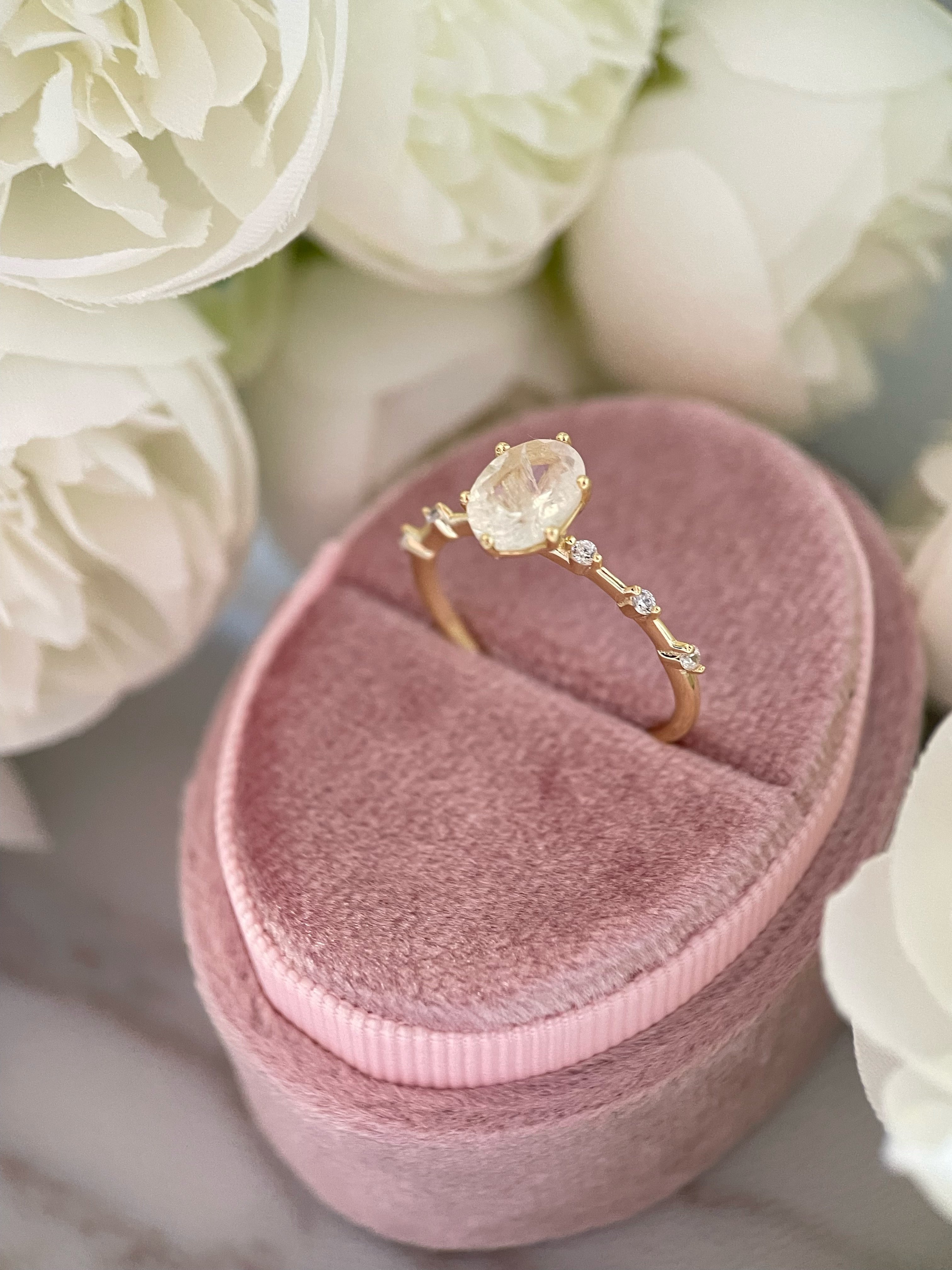 【Eternal Phases】Unique Handmade Natural Blue Moonstone Engagement Ring 1.5ct Oval Cut