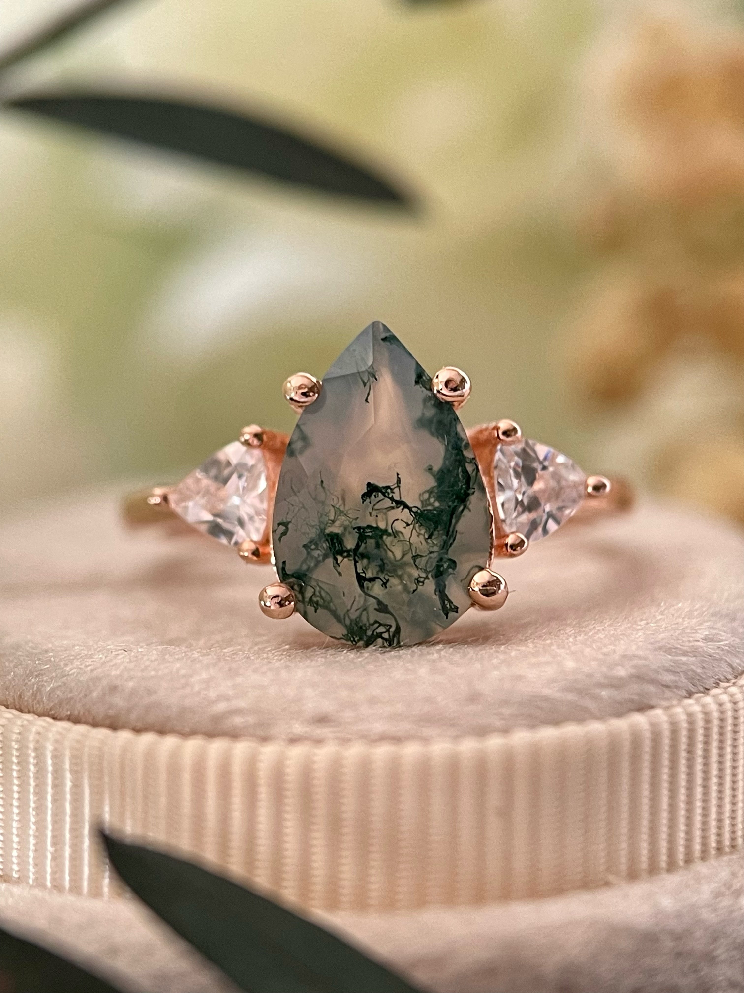 【NOISETTE】Bague de fiançailles unique en agate mousse naturelle, faite à la main, 3 carats, forme poire