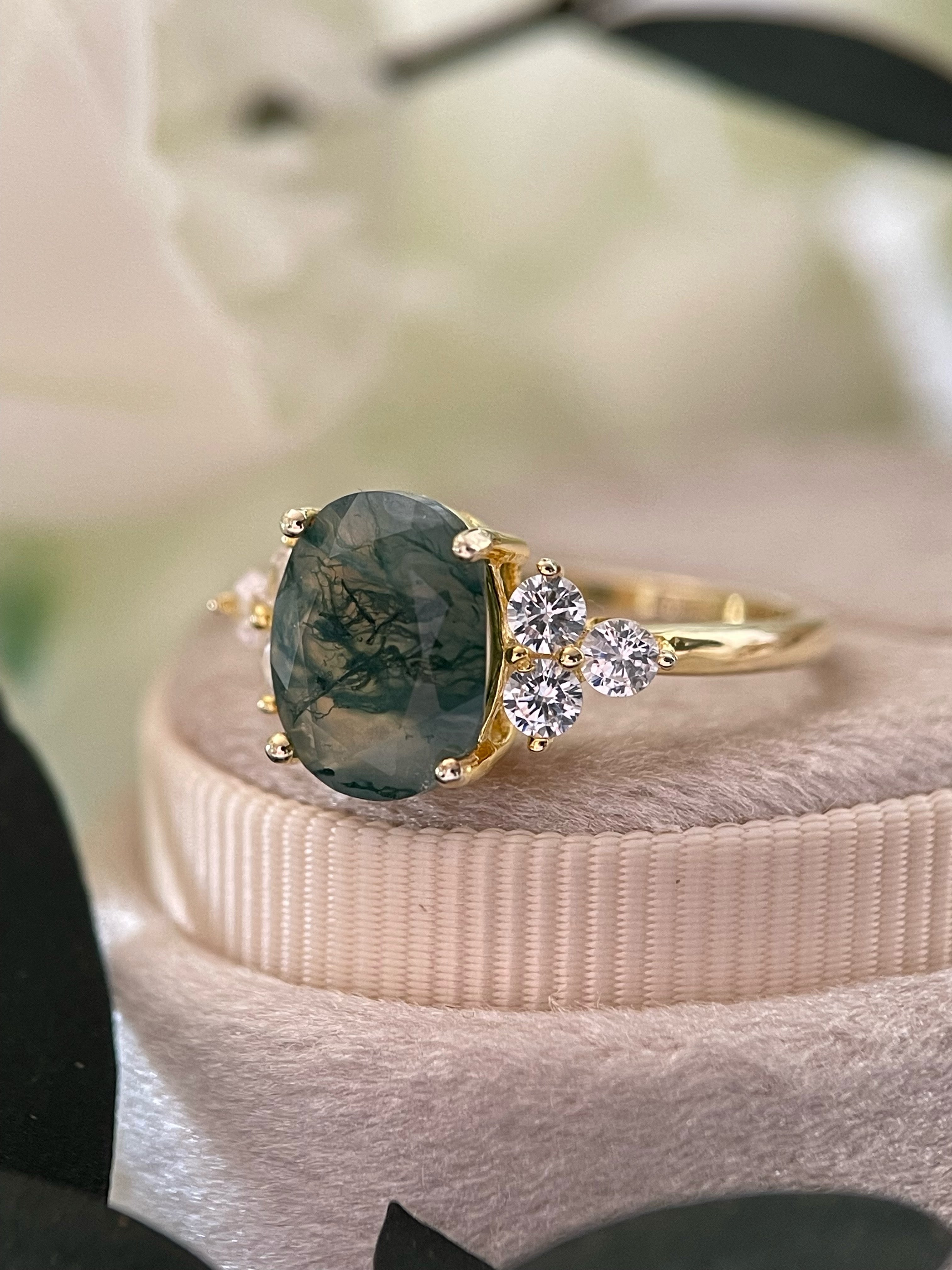 【ELOWEN】Bague de fiançailles unique, faite main, en agate mousse naturelle de forme ovale, 3 carats