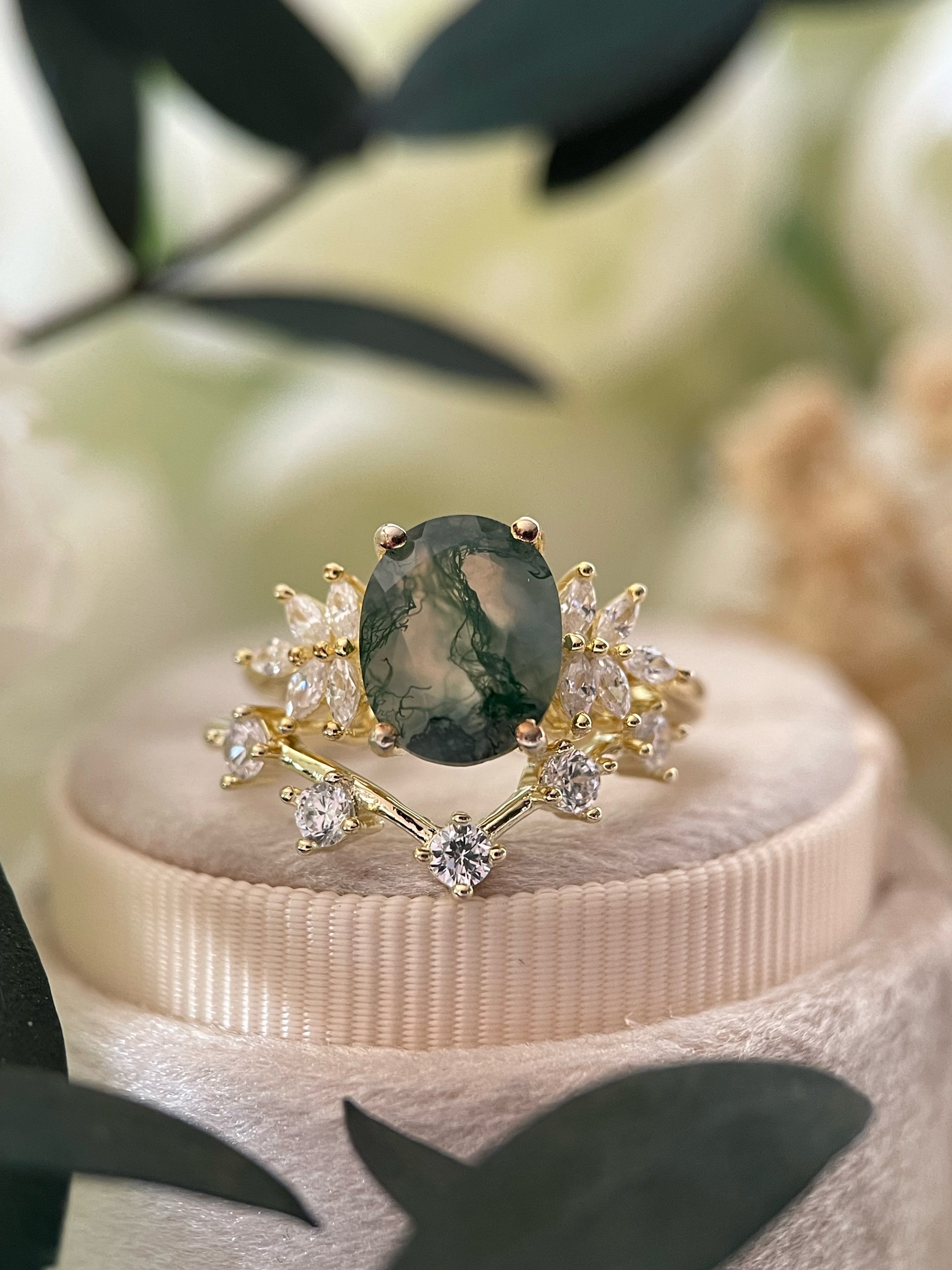 【ENSEMBLE SIERRA】Ensemble de 2 bagues de fiançailles ovales en agate mousse naturelle, 3 carats, fabriquées à la main.