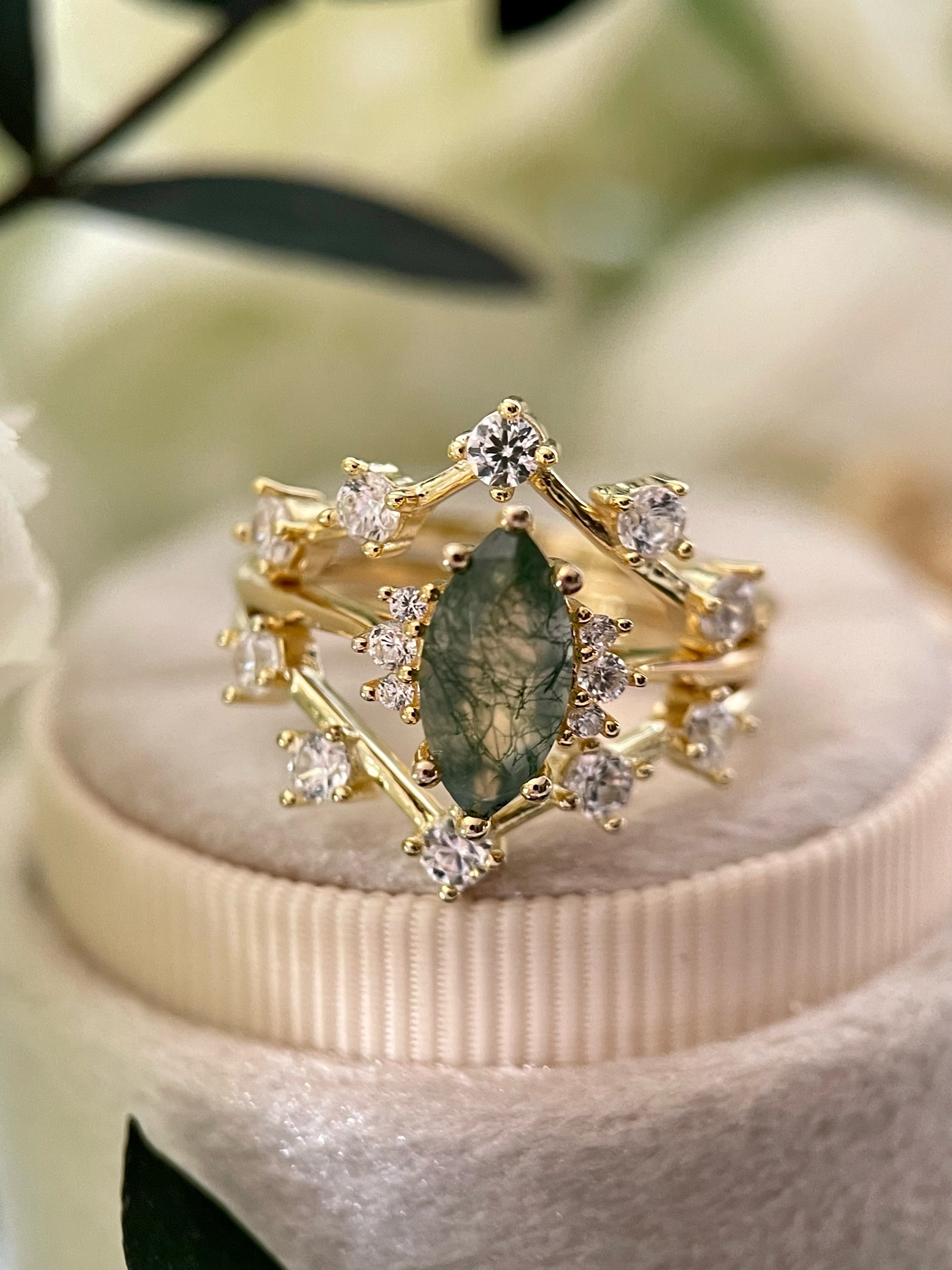 【CASSIOPEIA SET】Unique Handmade Natural Moss Agate Engagement Ring Set 3pcs Marquise Cut 1ct
