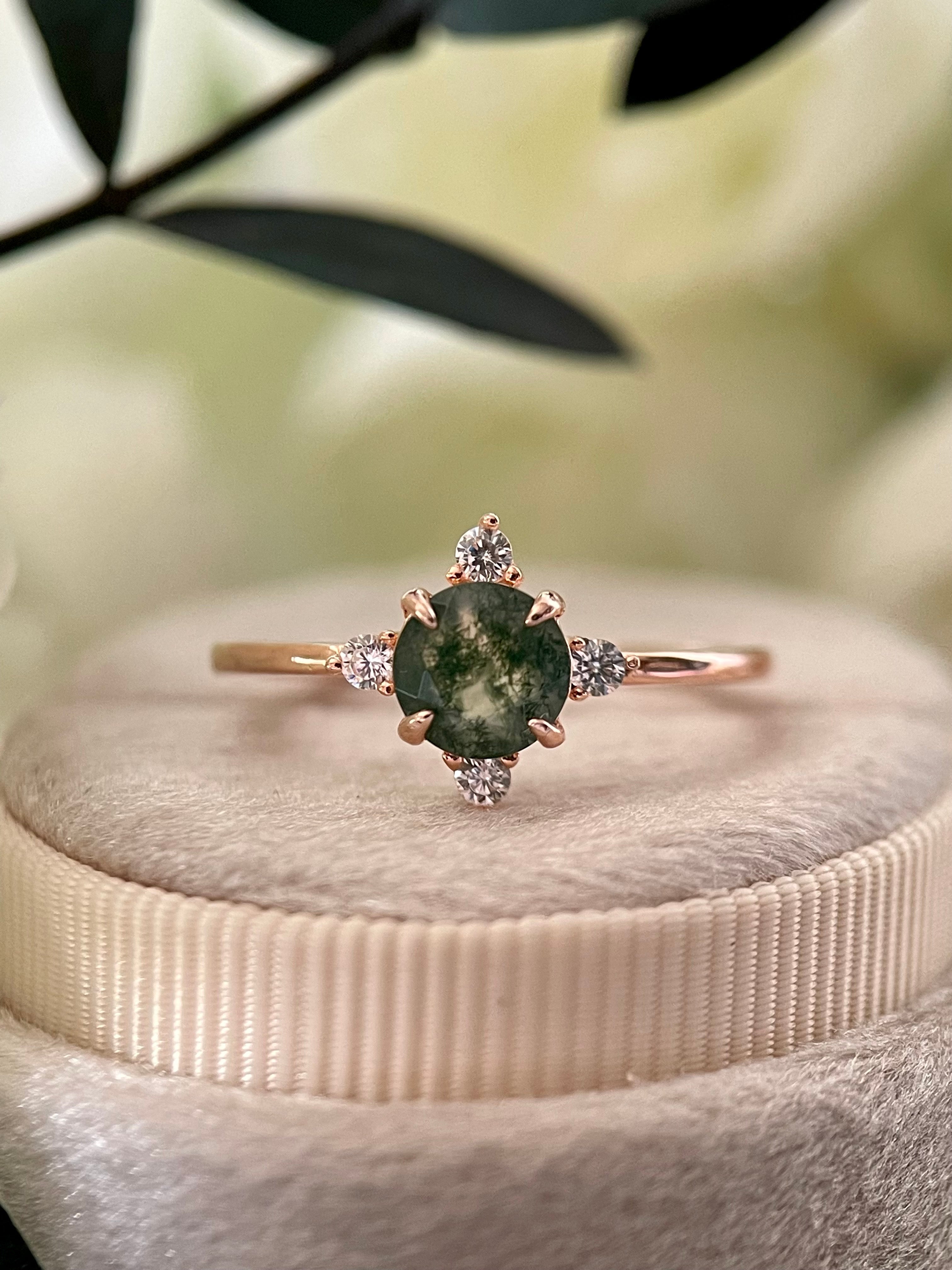 【THAILA】Bague de fiançailles unique, faite main, en agate mousse naturelle, 2 carats, forme ronde, 0,8 carat