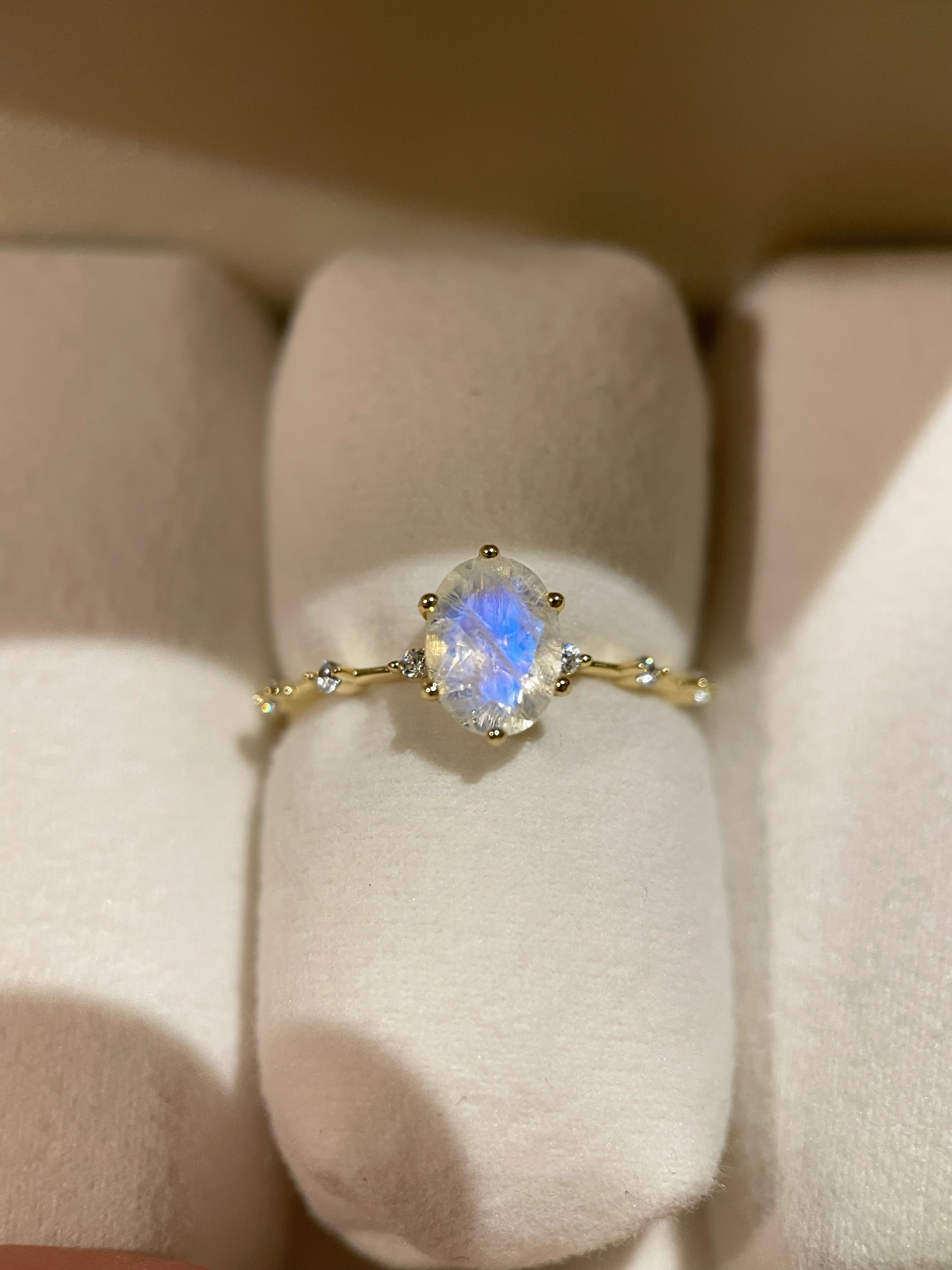 【Eternal Phases】Unique Handmade Natural Blue Moonstone Engagement Ring 1.5ct Oval Cut