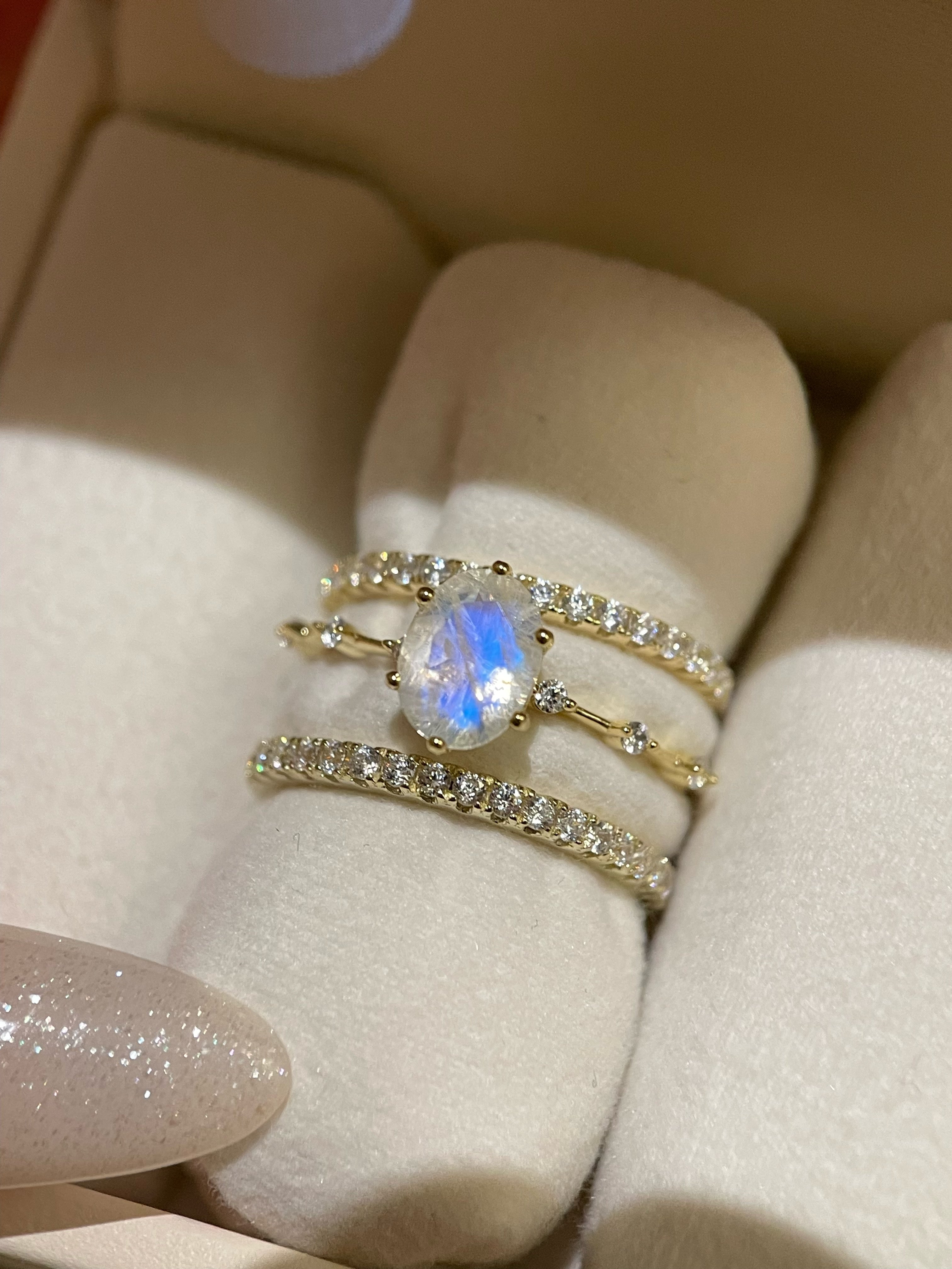 【Eternal Phases Set】Unique Handmade Natural Blue Moonstone Engagement Ring Set 3pcs 1.5ct Oval Cut
