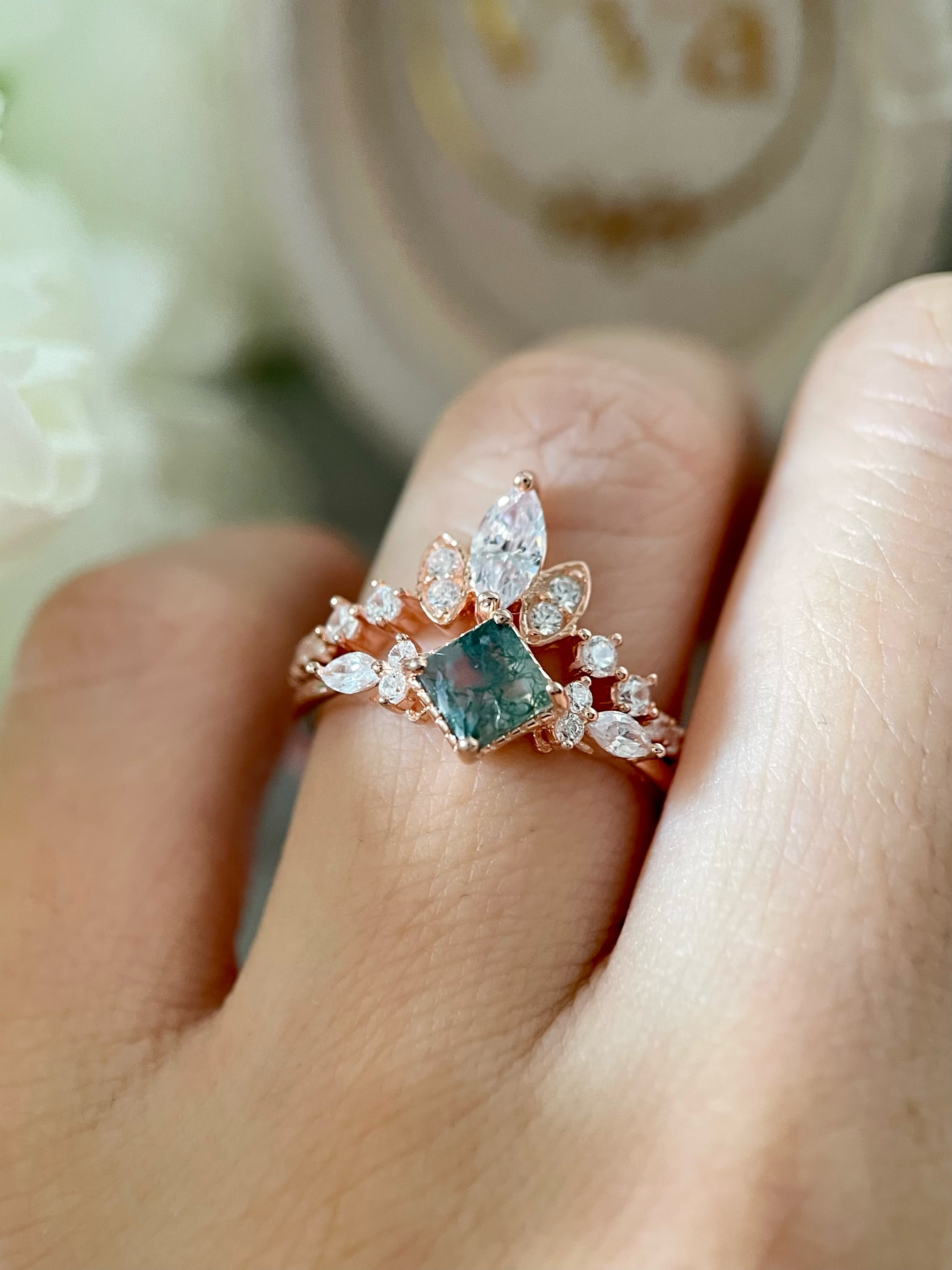 【ENSEMBLE GAIA】Ensemble de 2 bagues de fiançailles uniques, faites à la main, en agate mousse naturelle de 0,75 ct, forme princesse