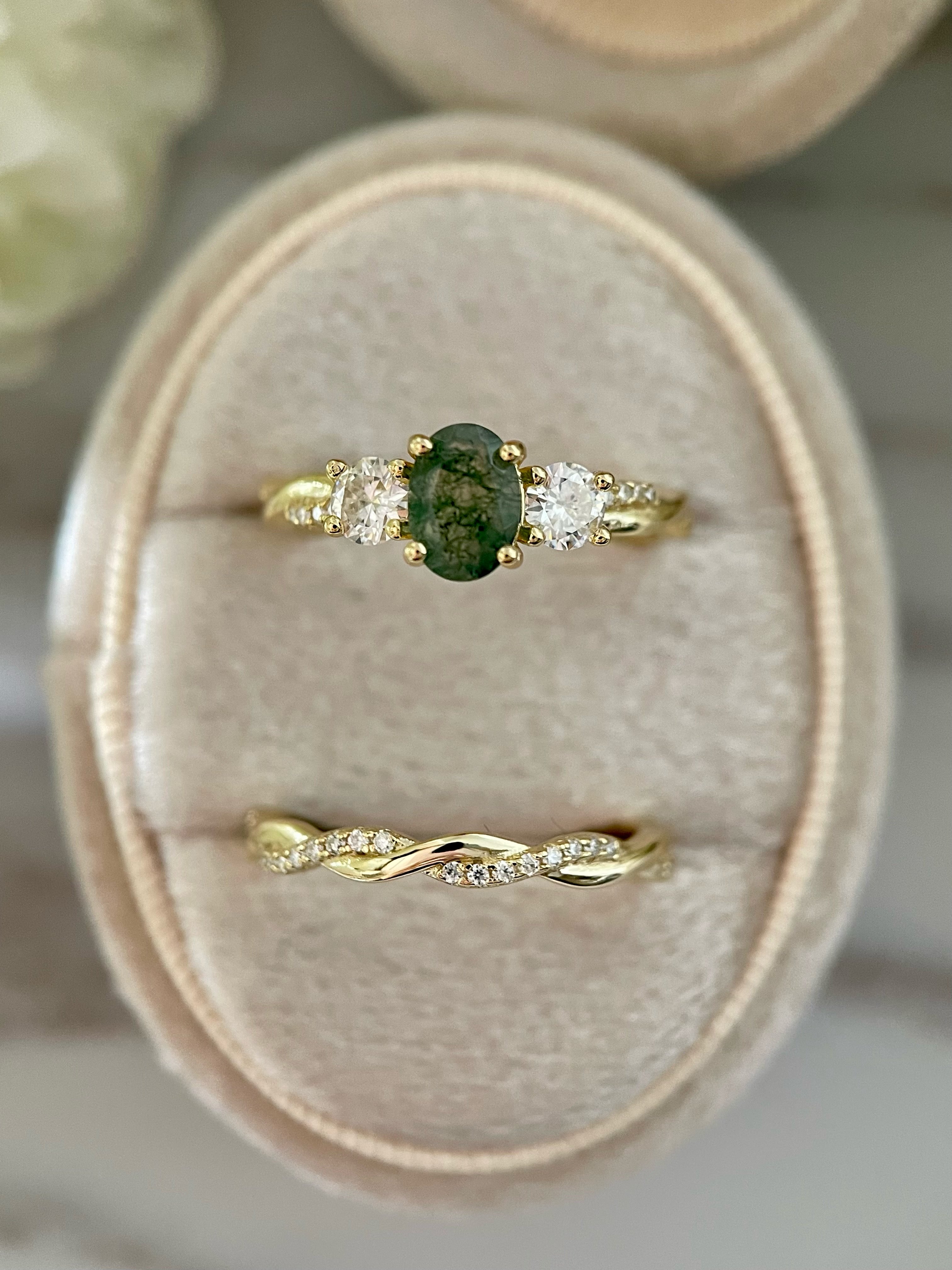 【Veritas】Ensemble de 2 bagues de fiançailles uniques, faites à la main, en agate mousse naturelle de 0,75 ct, forme ovale