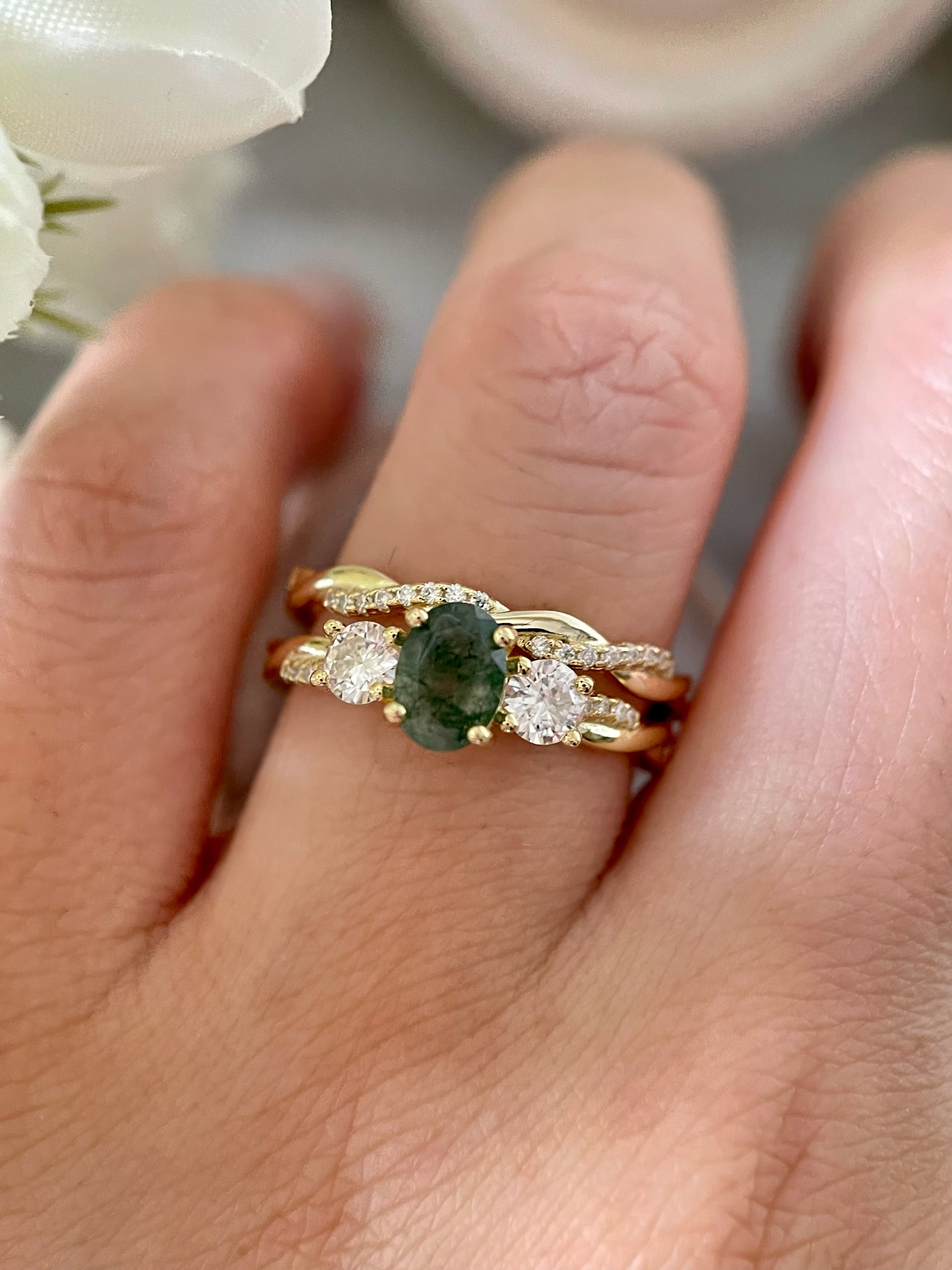 【Veritas】Ensemble de 2 bagues de fiançailles uniques, faites à la main, en agate mousse naturelle de 0,75 ct, forme ovale