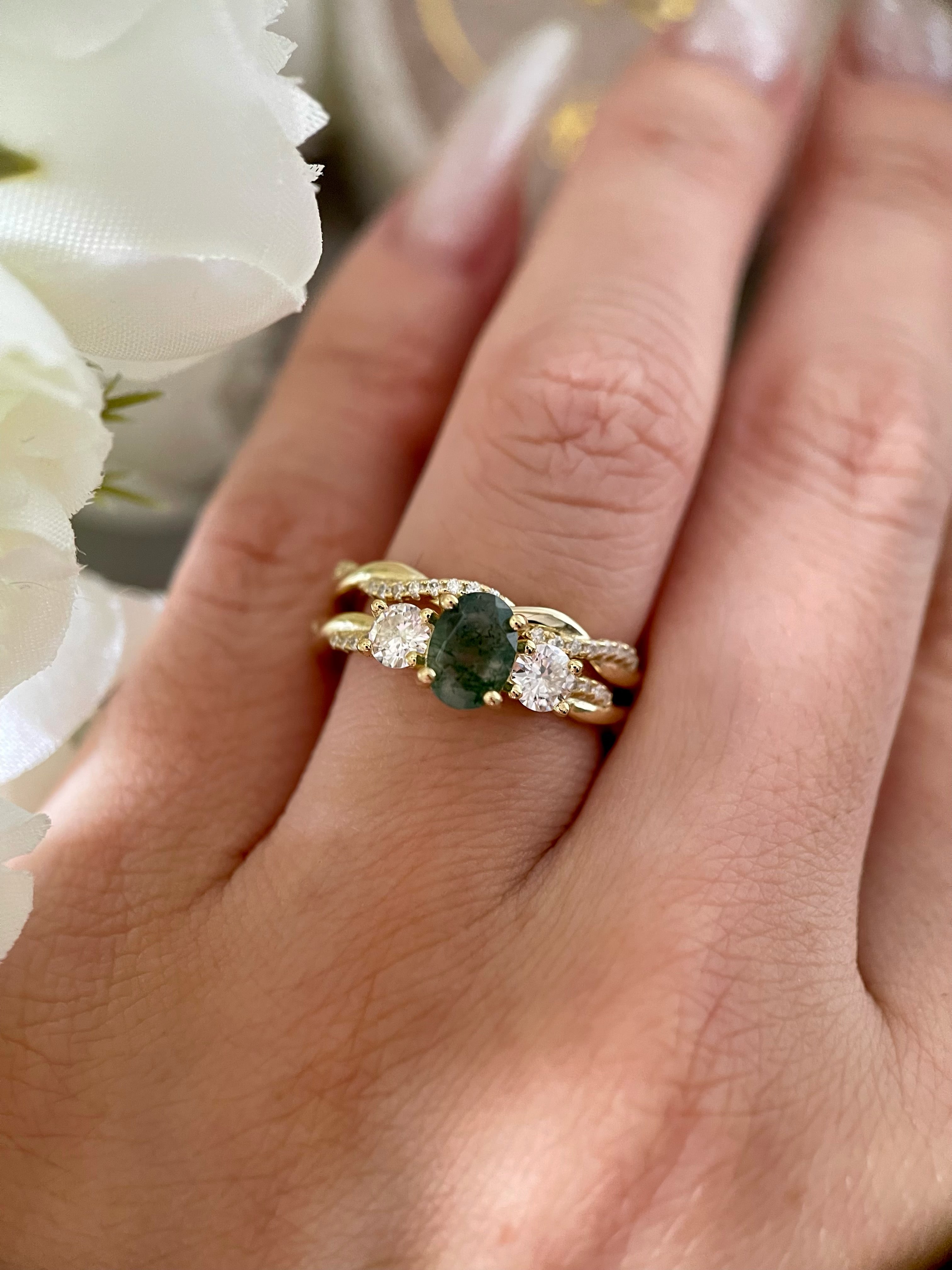 【Veritas】Ensemble de 2 bagues de fiançailles uniques, faites à la main, en agate mousse naturelle de 0,75 ct, forme ovale