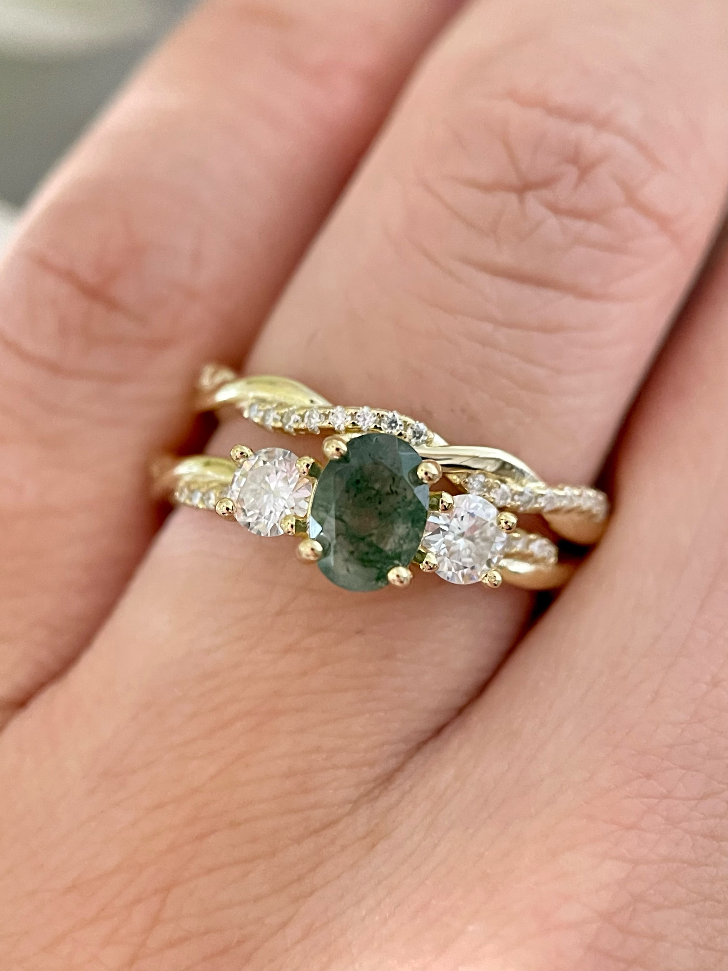 【Veritas】Ensemble de 2 bagues de fiançailles uniques, faites à la main, en agate mousse naturelle de 0,75 ct, forme ovale