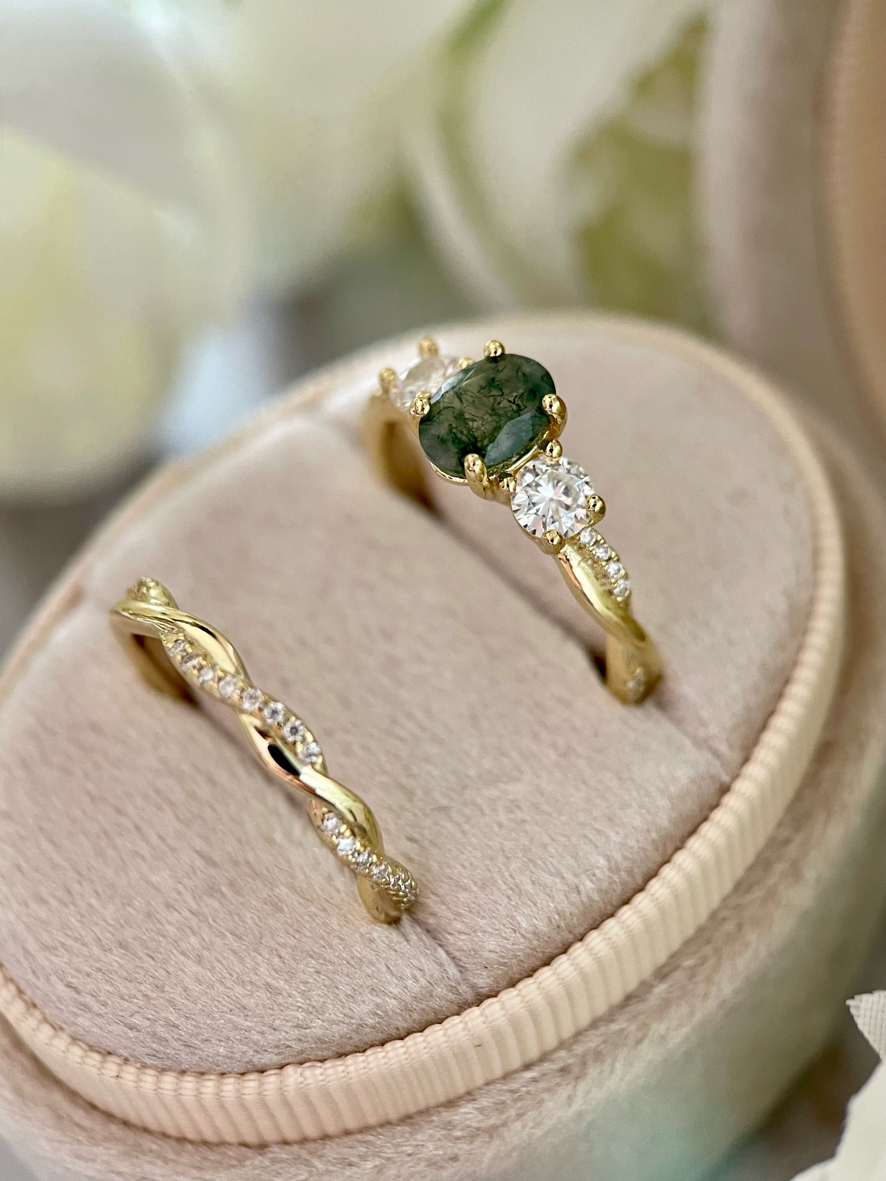 【Veritas】Ensemble de 2 bagues de fiançailles uniques, faites à la main, en agate mousse naturelle de 0,75 ct, forme ovale