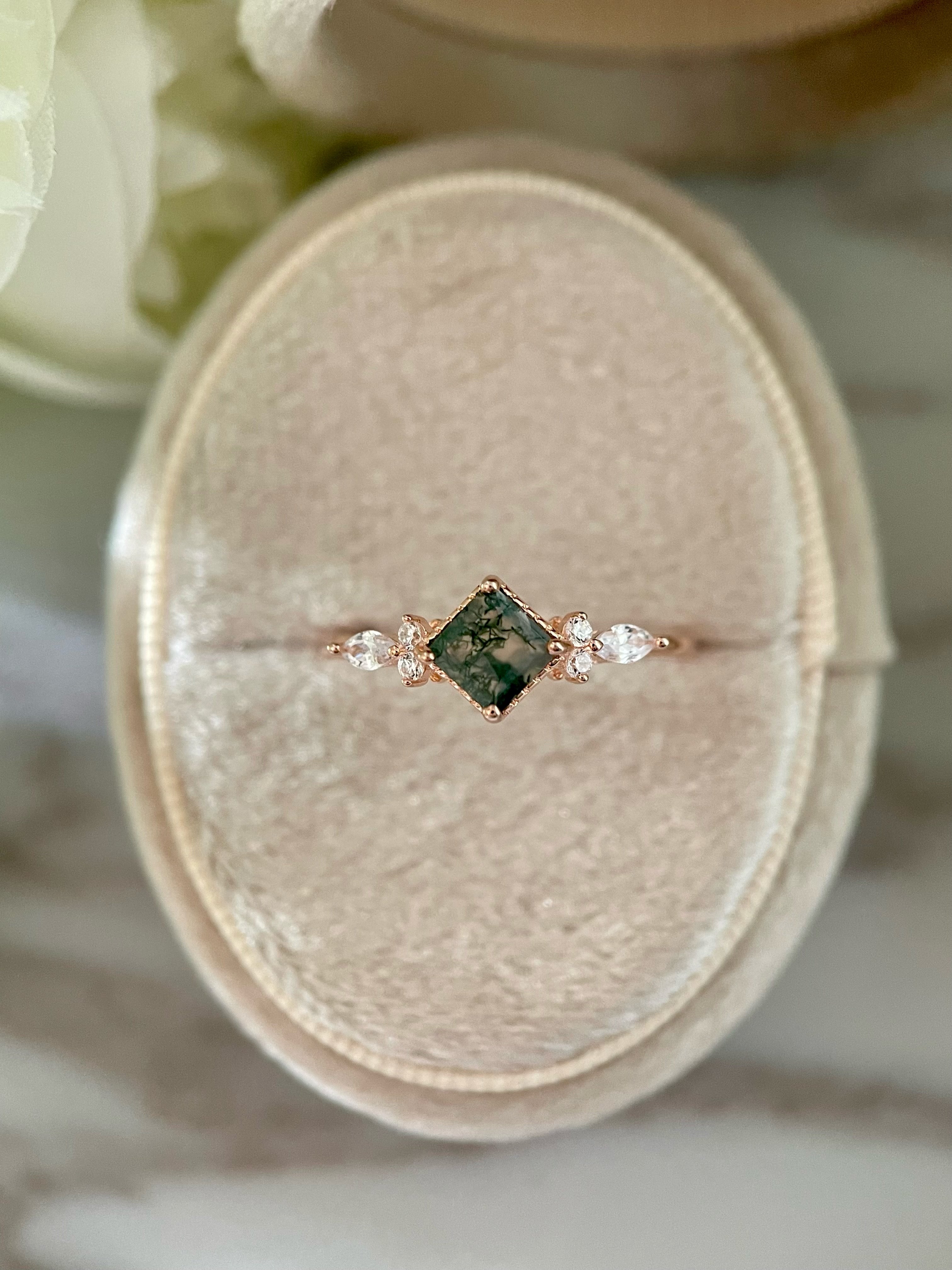 【GAIA】Bague de fiançailles unique en agate mousse naturelle faite à la main, 0,75 ct, forme princesse