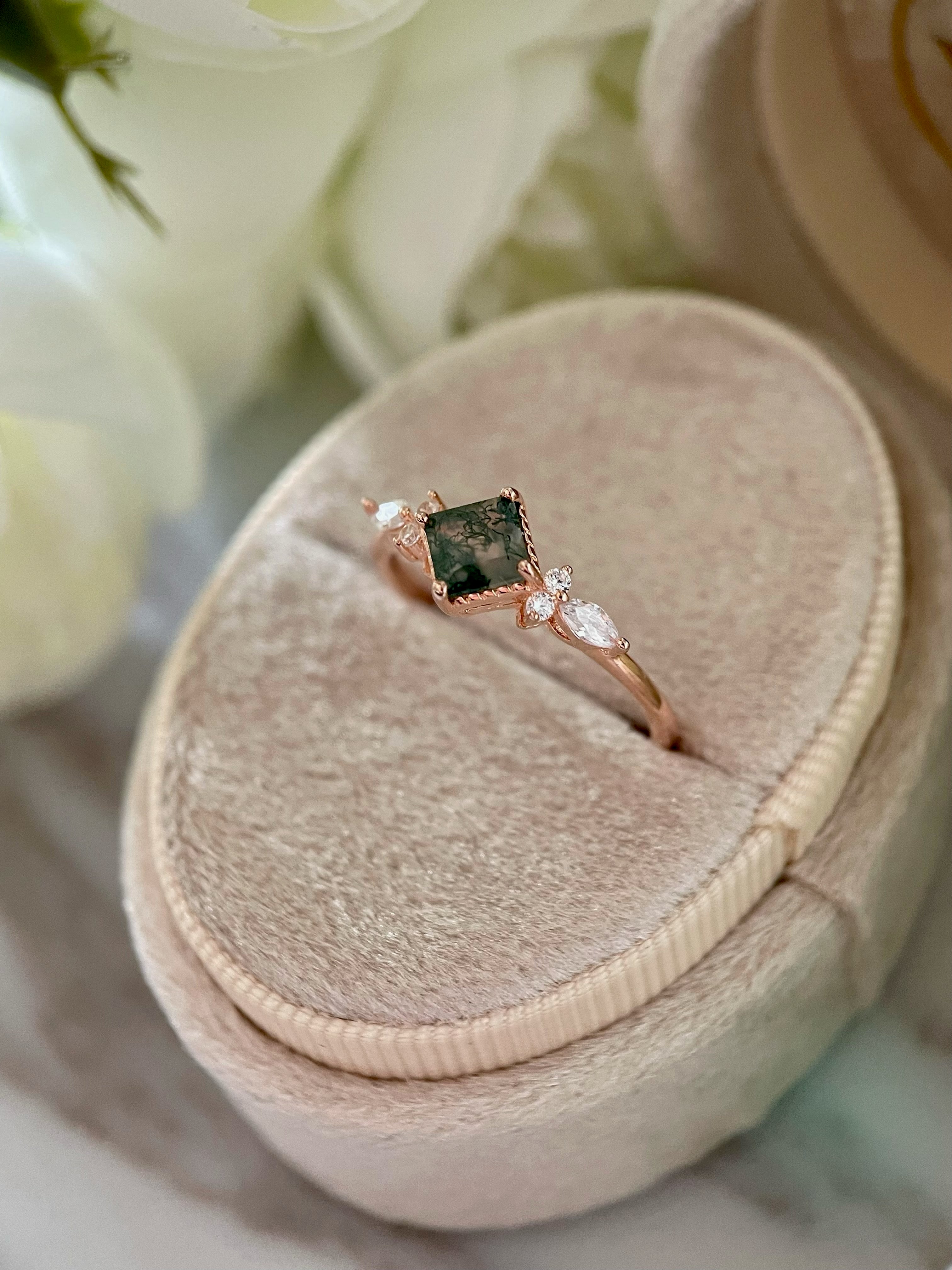 【GAIA】Bague de fiançailles unique en agate mousse naturelle faite à la main, 0,75 ct, forme princesse