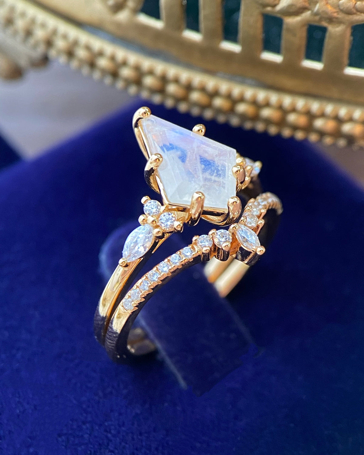 Atalanta| Fantasy Fairy-Core Kite Cut Blue Moonstone Engagement Ring Set
