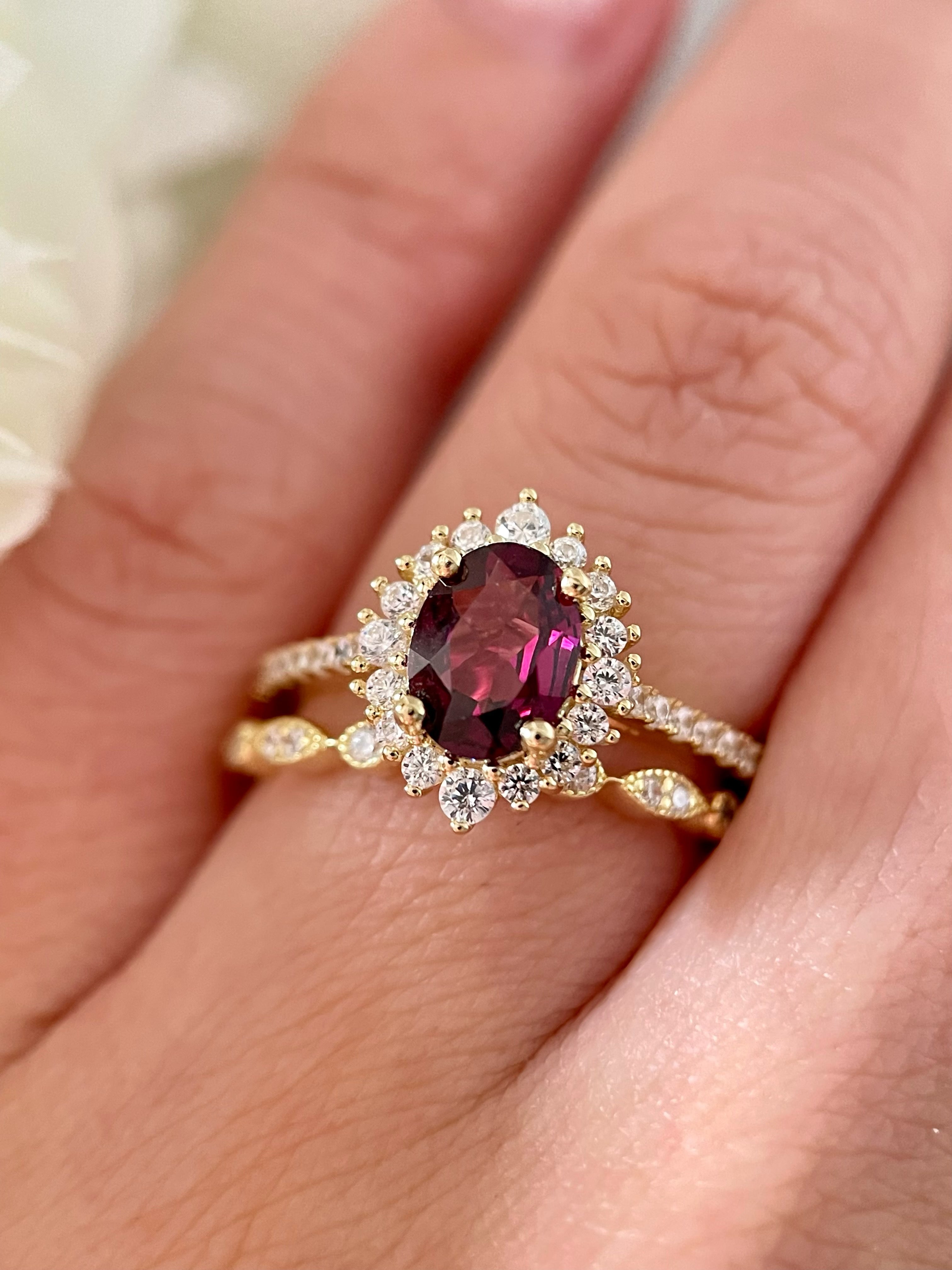 【Ensemble Valencia】 Bague de fiançailles artisanale en grenat rhodolite naturel, 2 pièces, 1,5 ct, forme ovale