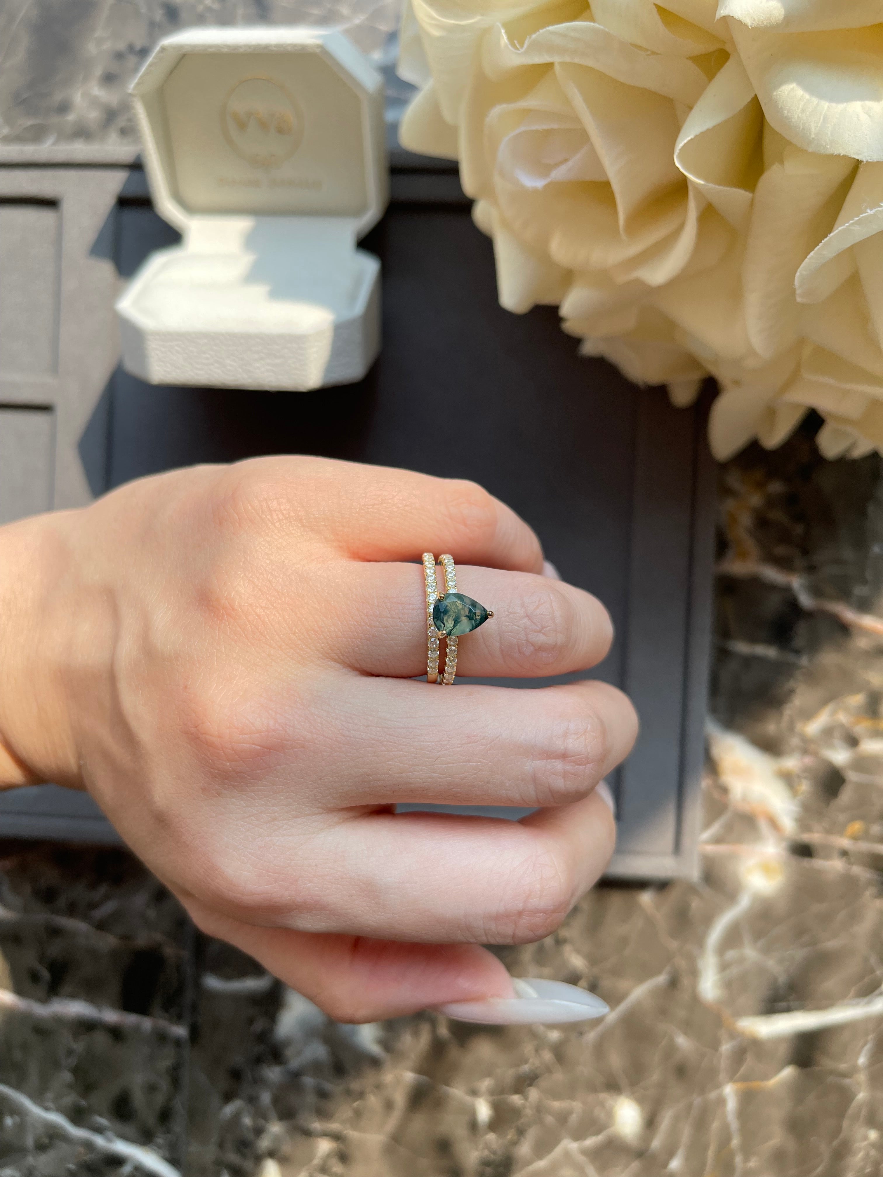 【Naiad Set】Unique Handmade Natural Moss Agate Engagement Ring Set 2pcs 0.8ct Pear Shape