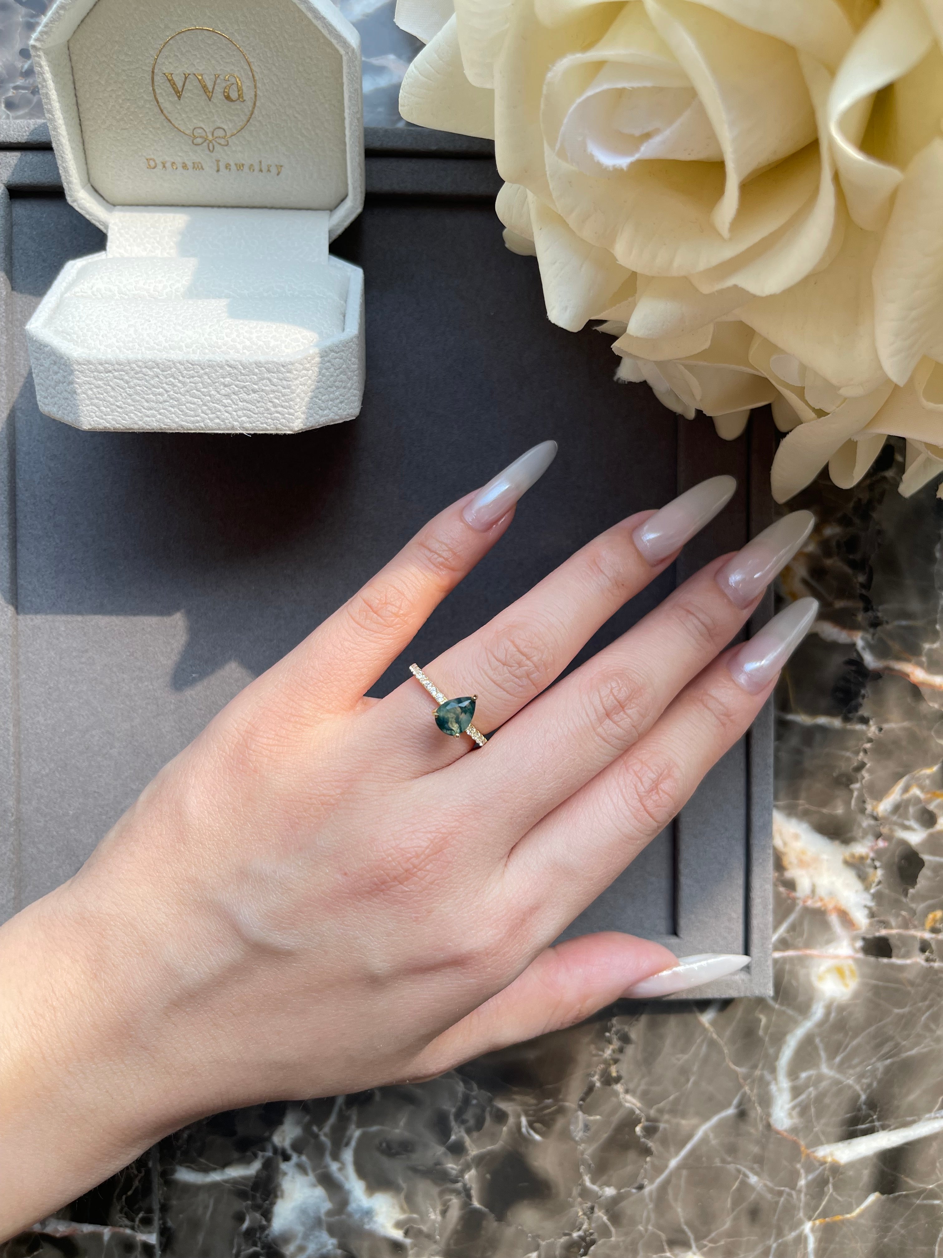 【Naiad】Unique Handmade Natural Moss Agate Engagement Ring 0.8ct Pear Cut