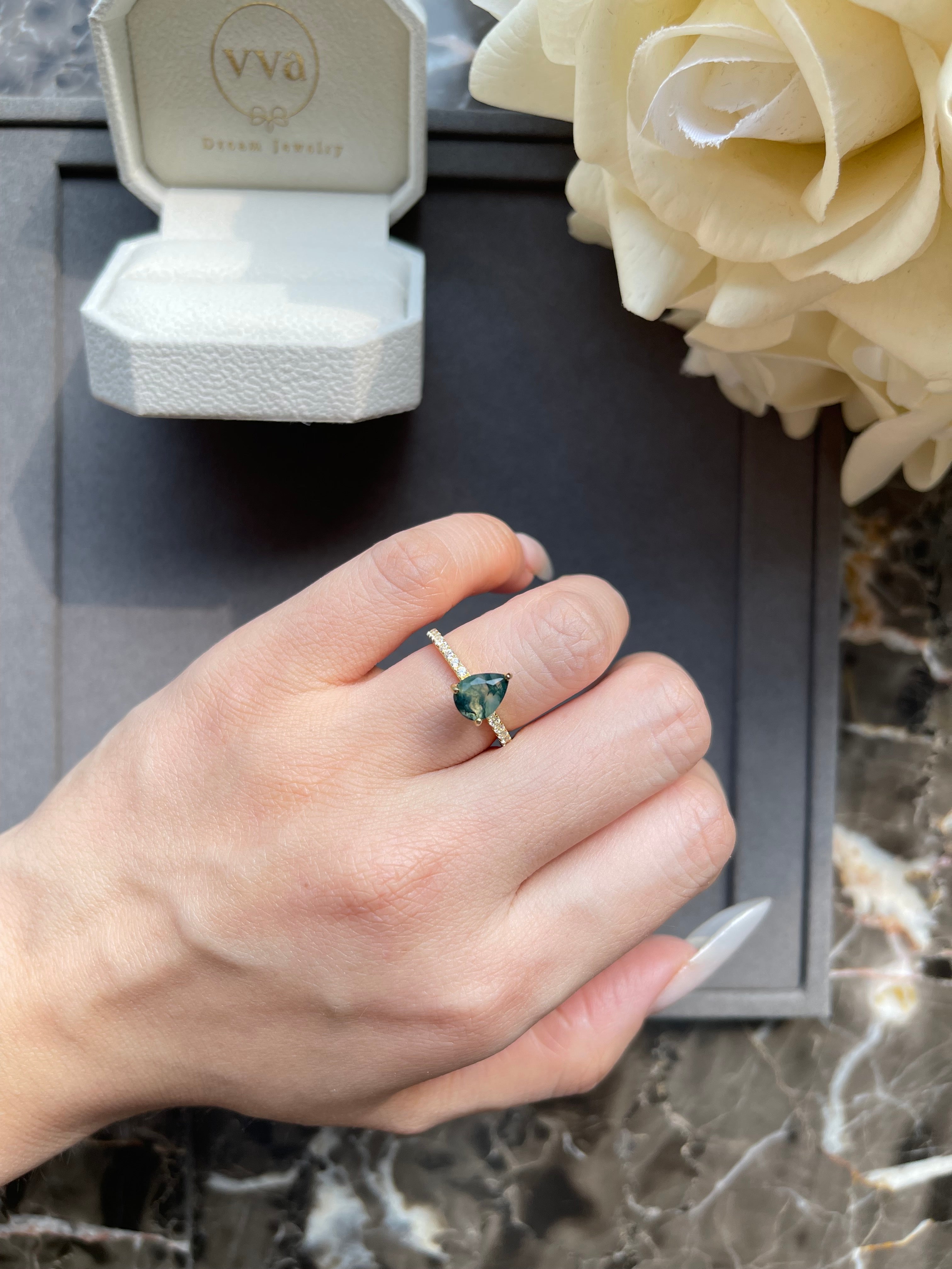 【Naiad】Unique Handmade Natural Moss Agate Engagement Ring 0.8ct Pear Cut