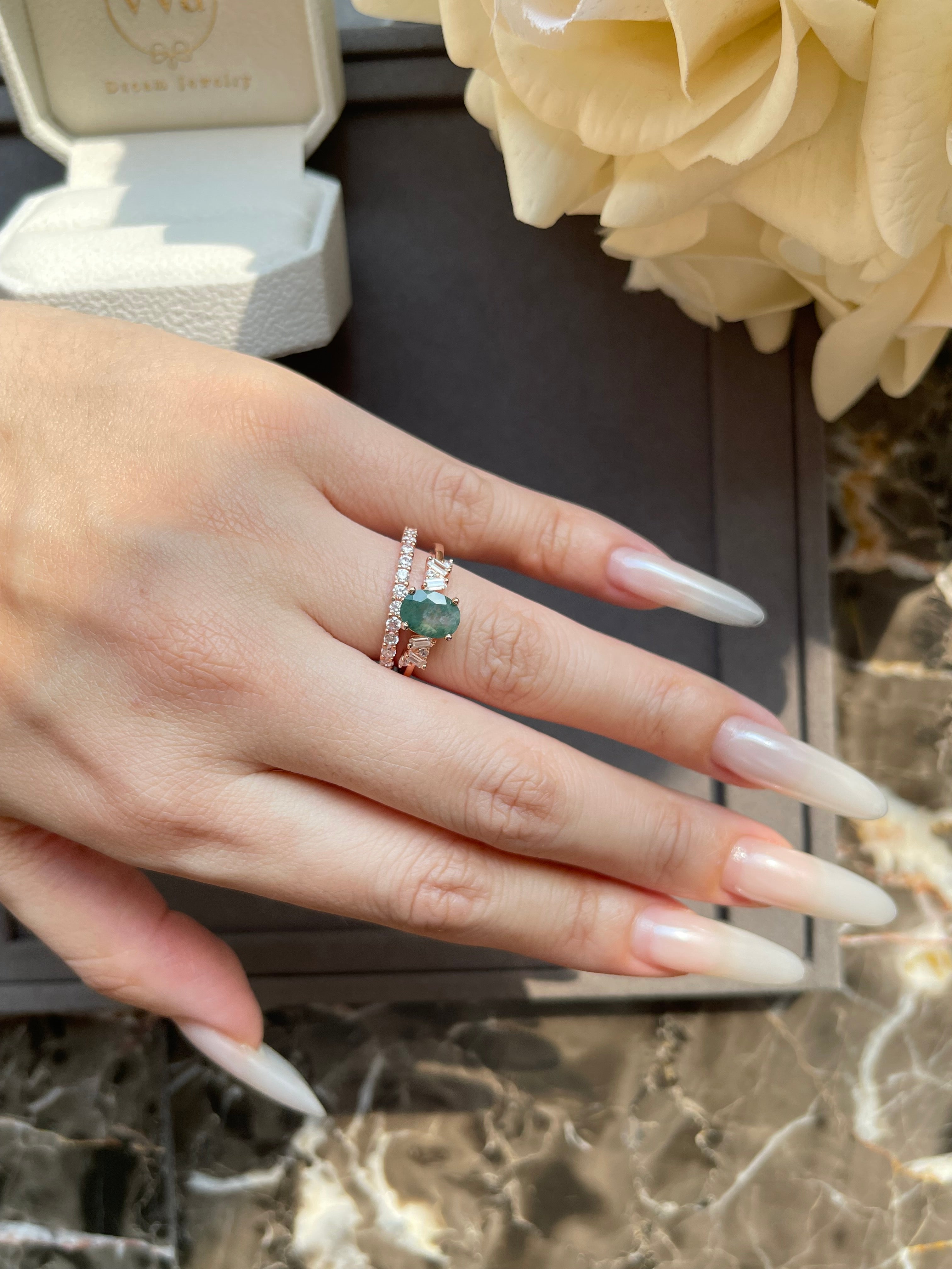 【Ensemble Sylvan Whisper】Ensemble unique de bagues de fiançailles en agate mousse naturelle faite à la main, 2 pièces, 1,5 ct, forme ovale