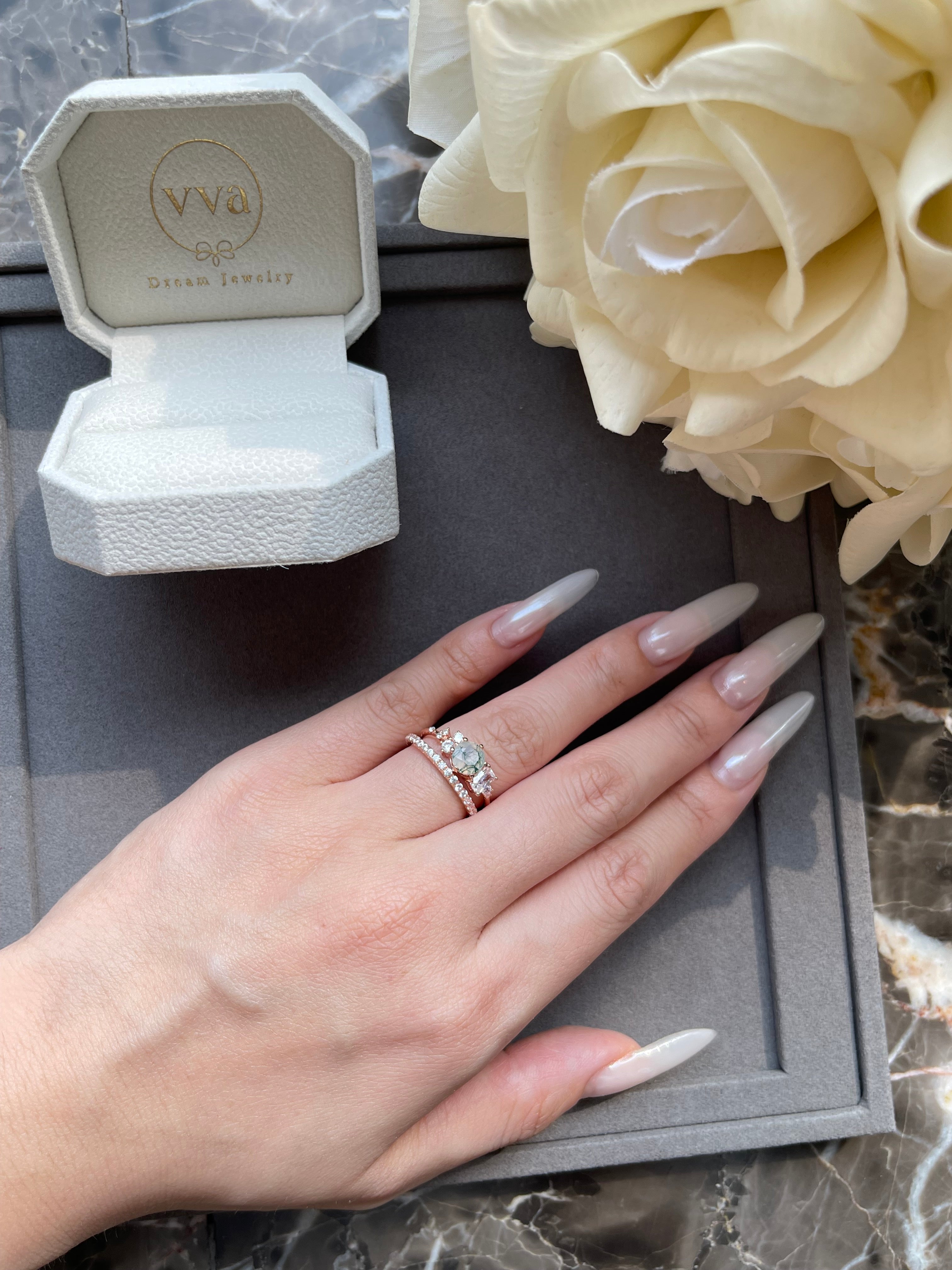 【Veridia Cascade】Unique Handmade Natural Moss Agate Engagement Ring 0.8ct Round Shape