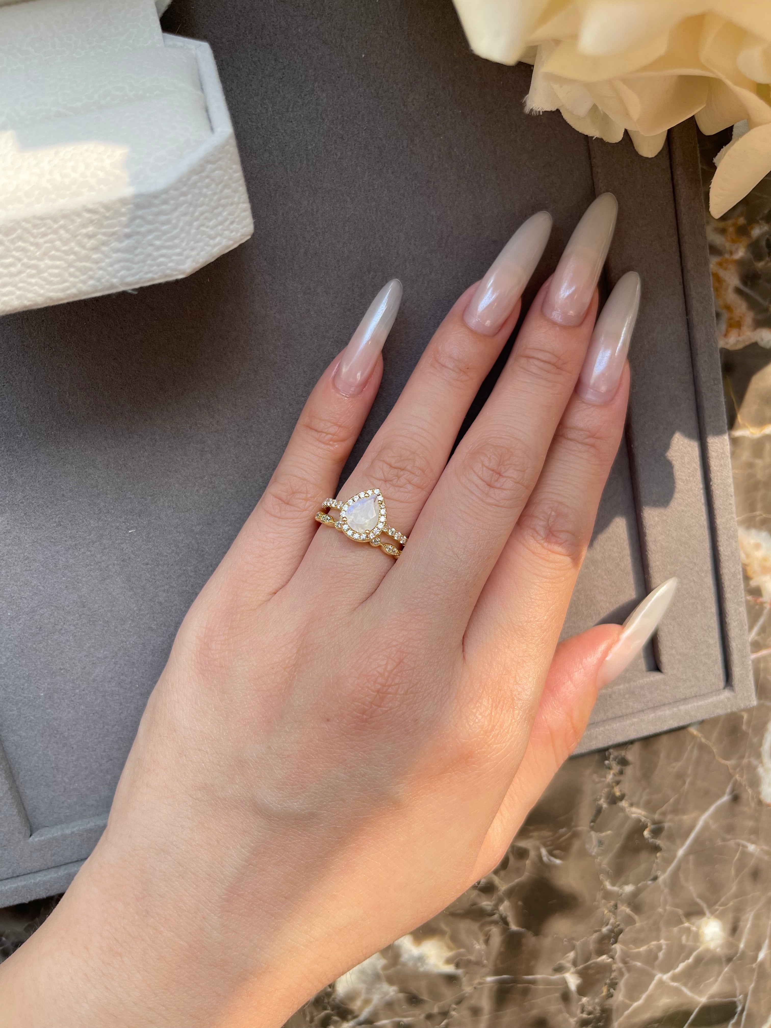 【Moonlit】Unique Handmade Natural Blue Moonstone Engagement Ring 0.8ct Pear Shape