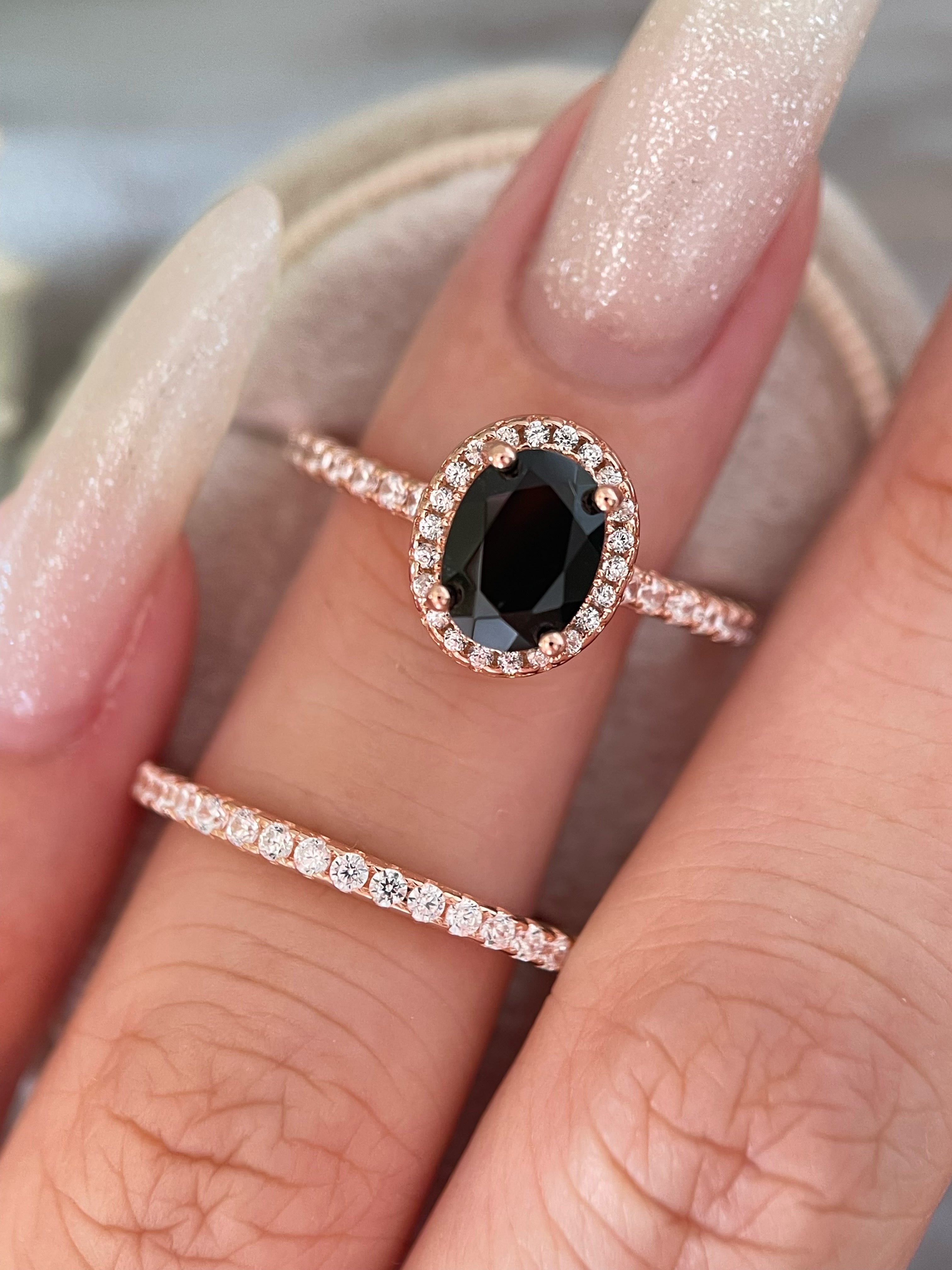 【Ensemble Onyx Nocturne】Ensemble de 2 bagues de fiançailles ovales en onyx noir naturel, 1,5 ct, fabriquées à la main