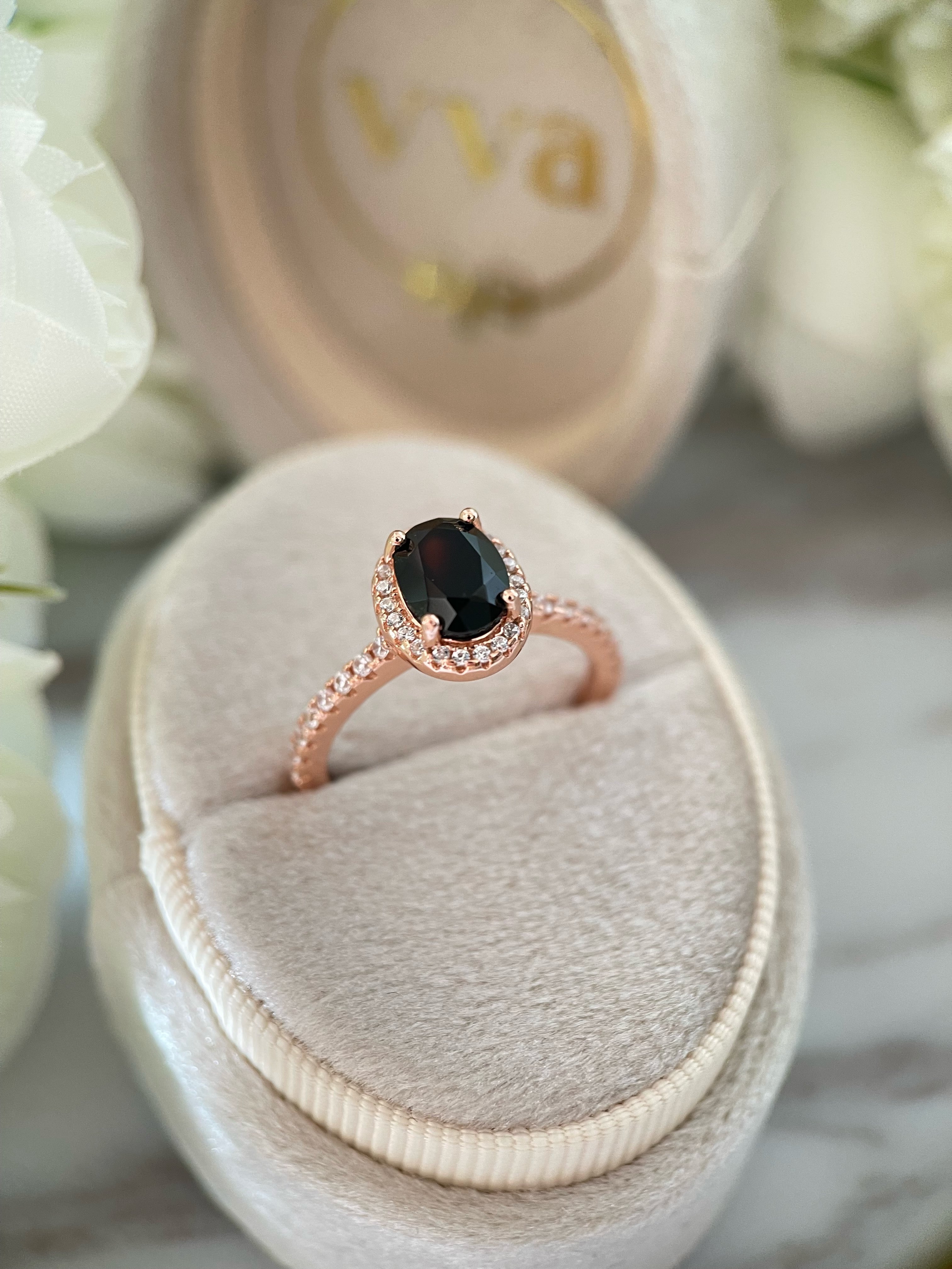 【Onyx Nocturne】Bague de fiançailles ovale en onyx noir naturel fait main, 1,5 ct