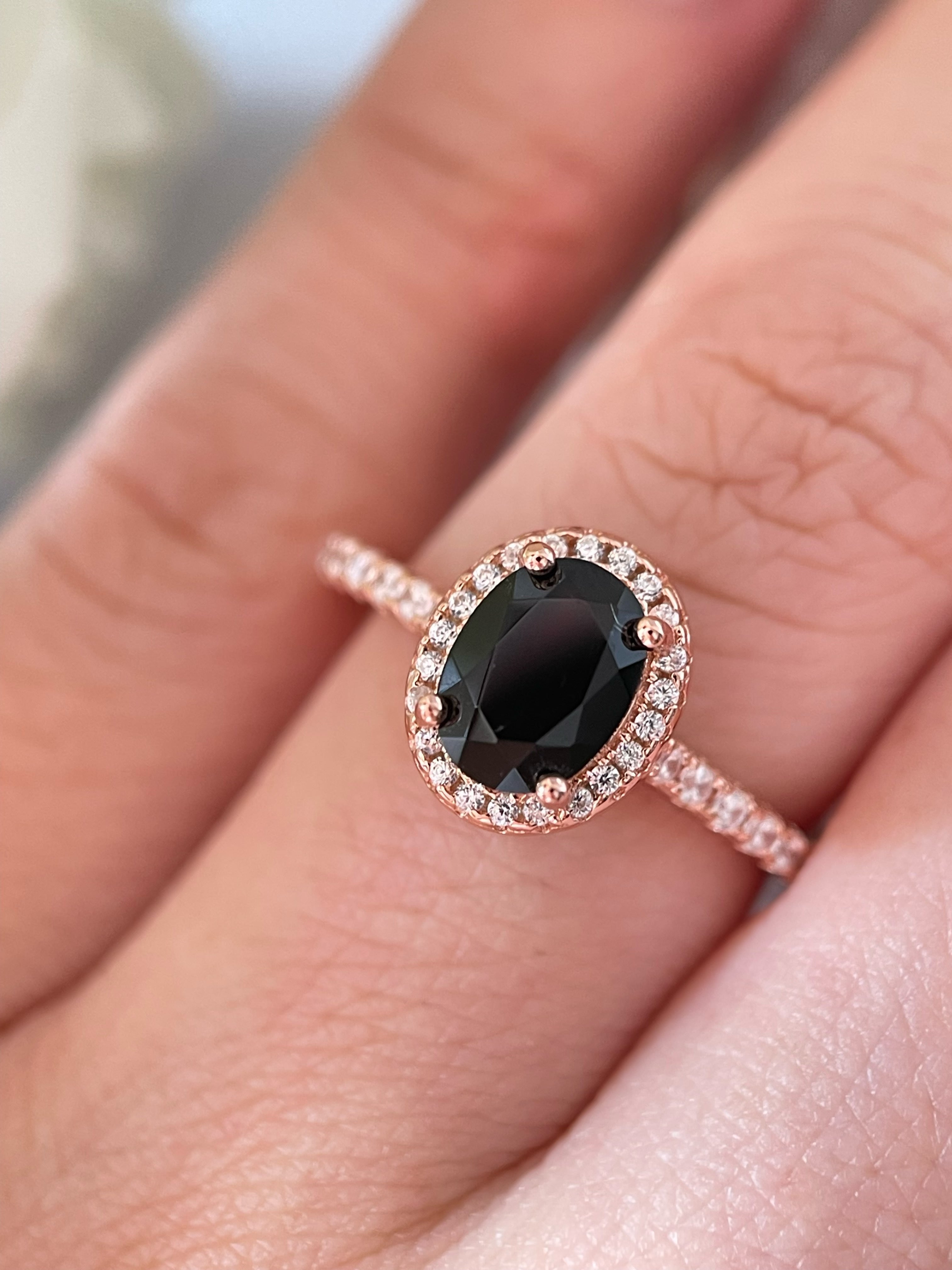 【Onyx Nocturne】Bague de fiançailles ovale en onyx noir naturel fait main, 1,5 ct