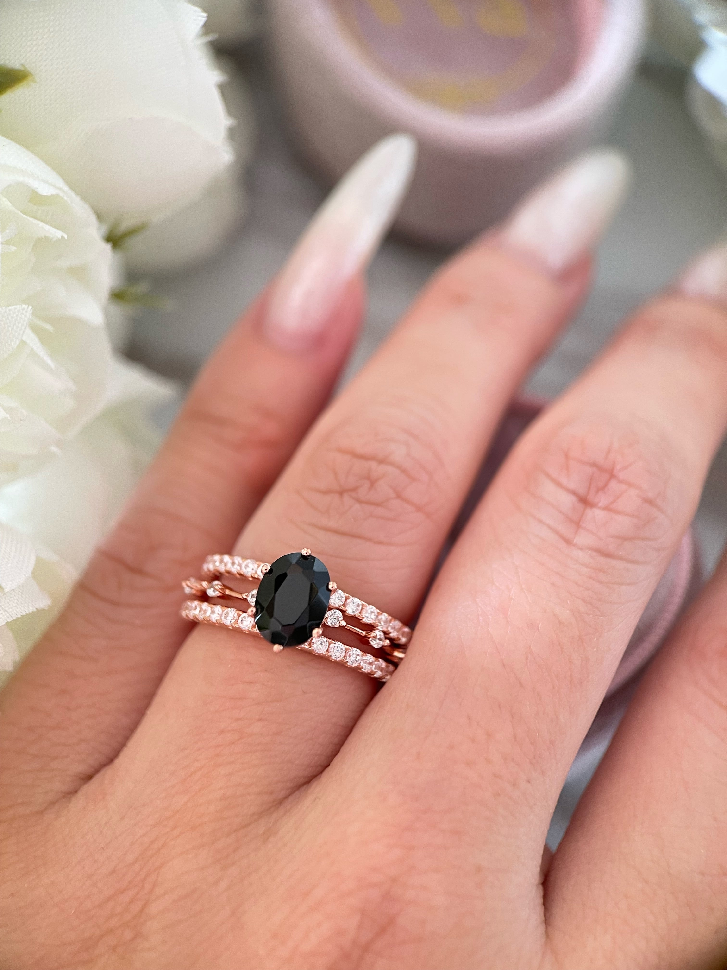 【Ensemble Aegis】Ensemble de 3 bagues de fiançailles ovales en onyx noir naturel fait main, 1,5 ct