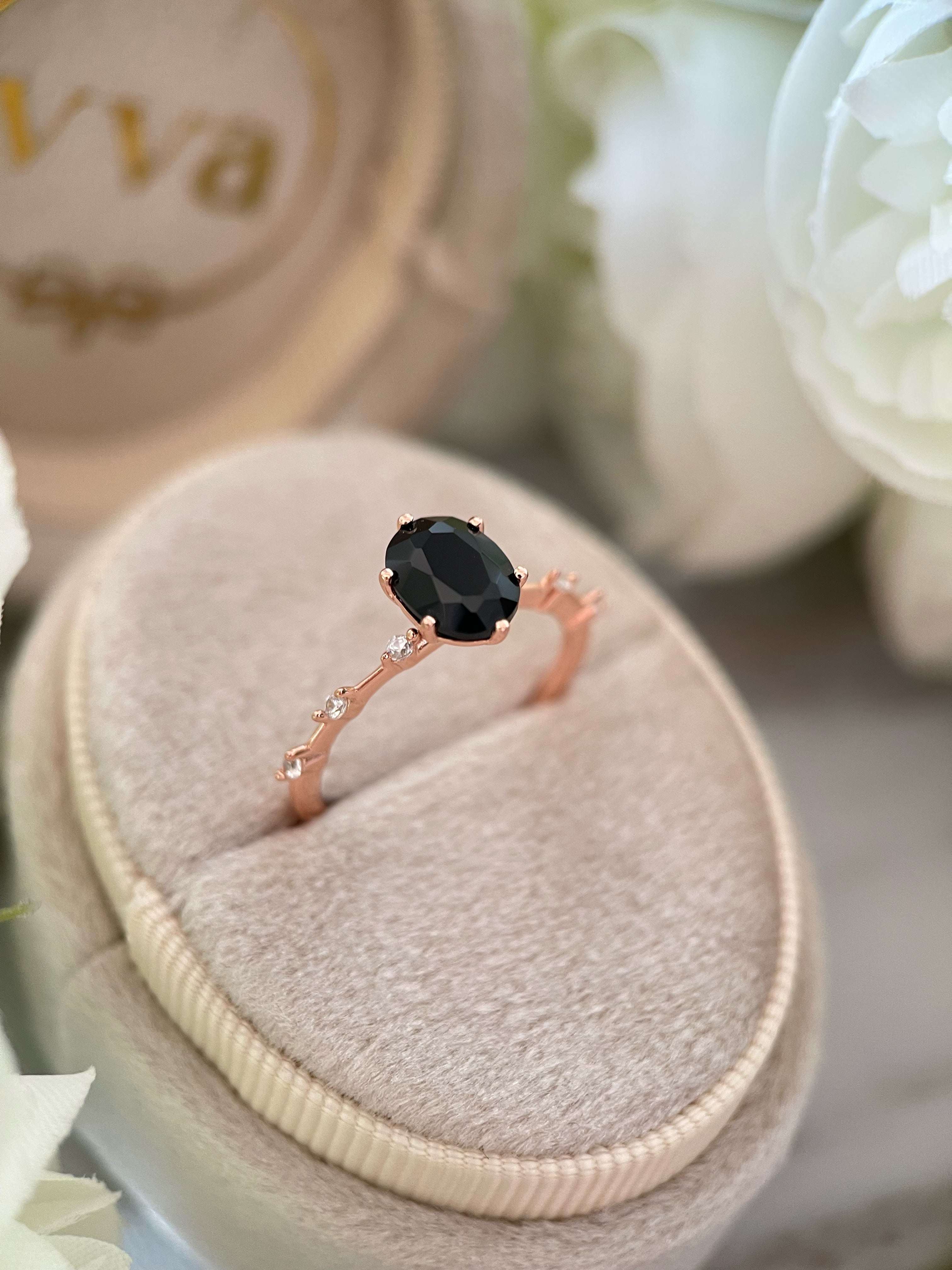 【Aegis】Handmade Natural Black Onyx Engagement Ring 1.5ct Oval Cut