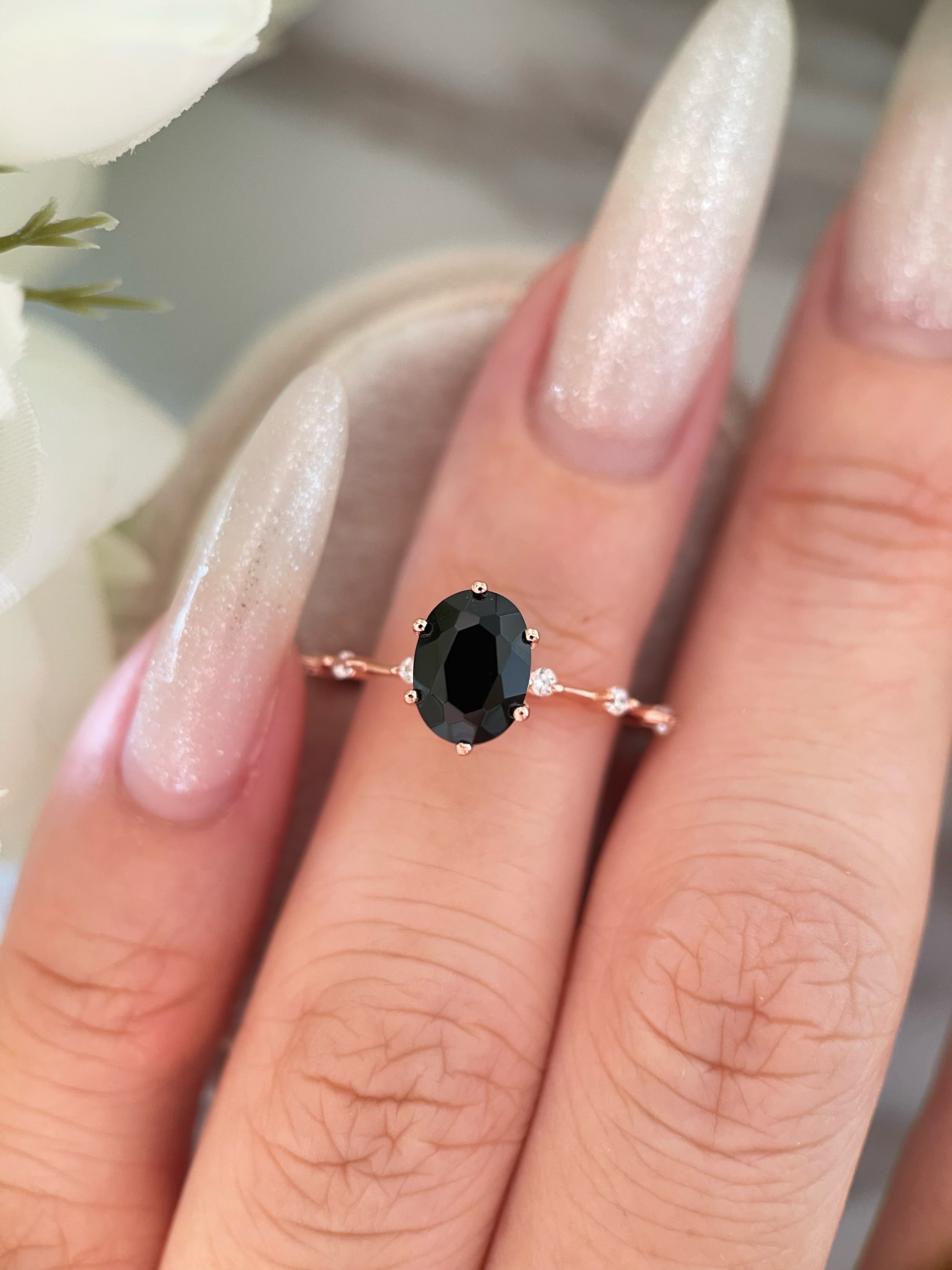 【Aegis】Handmade Natural Black Onyx Engagement Ring 1.5ct Oval Cut