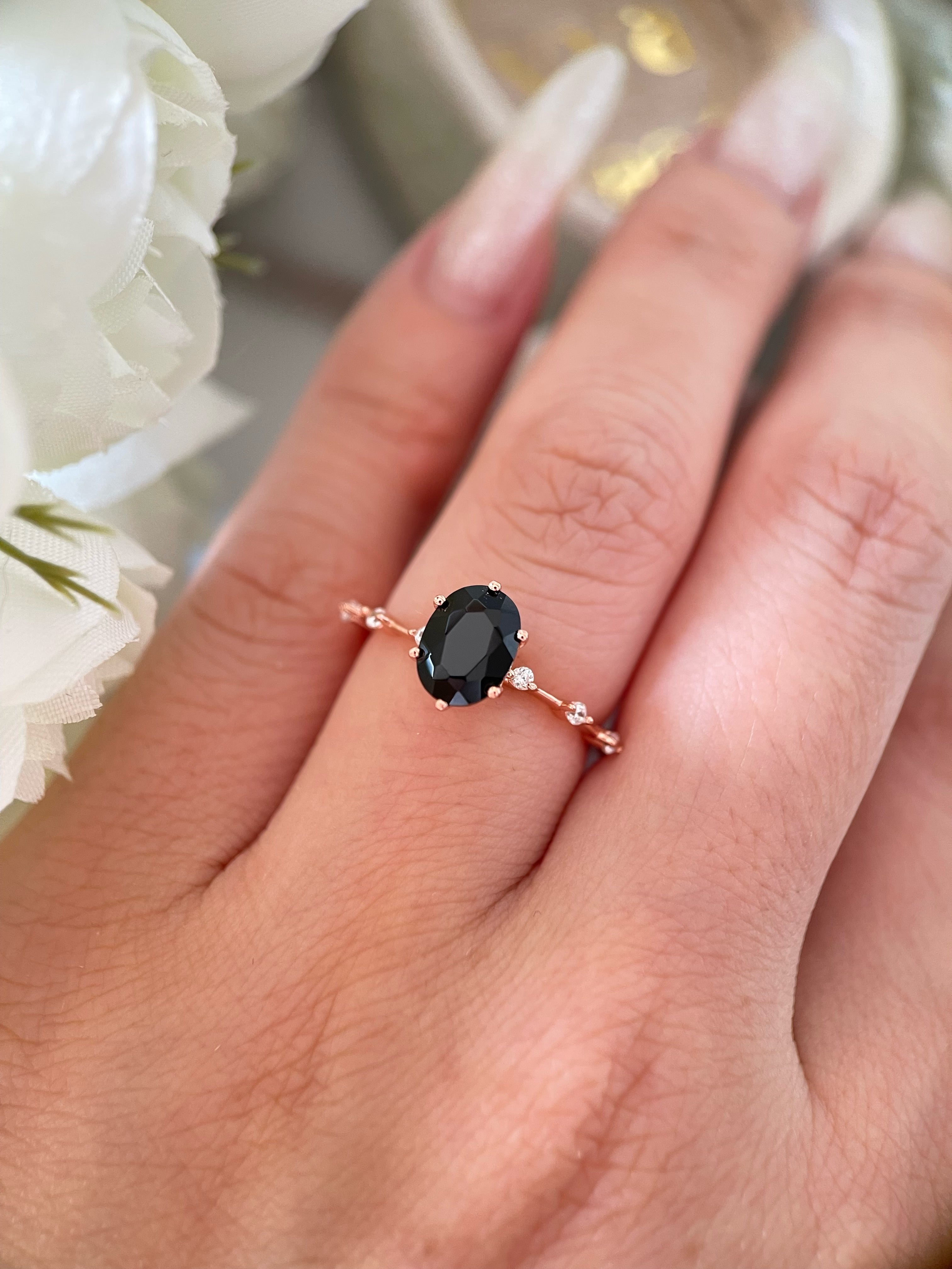 【Aegis】Handmade Natural Black Onyx Engagement Ring 1.5ct Oval Cut