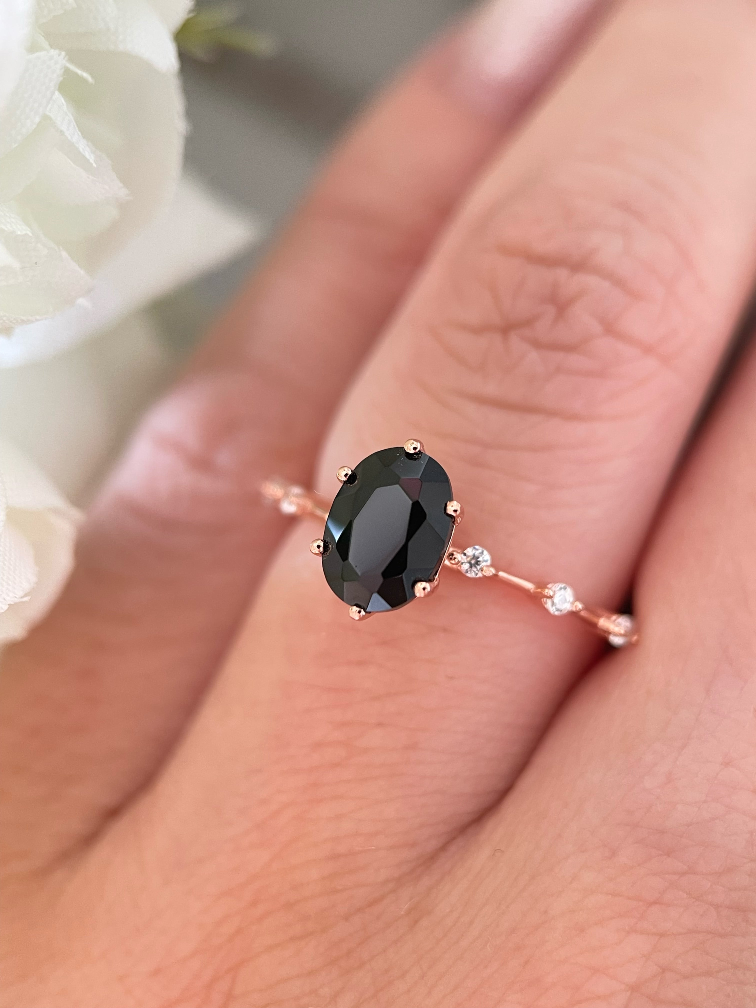 【Aegis】Handmade Natural Black Onyx Engagement Ring 1.5ct Oval Cut