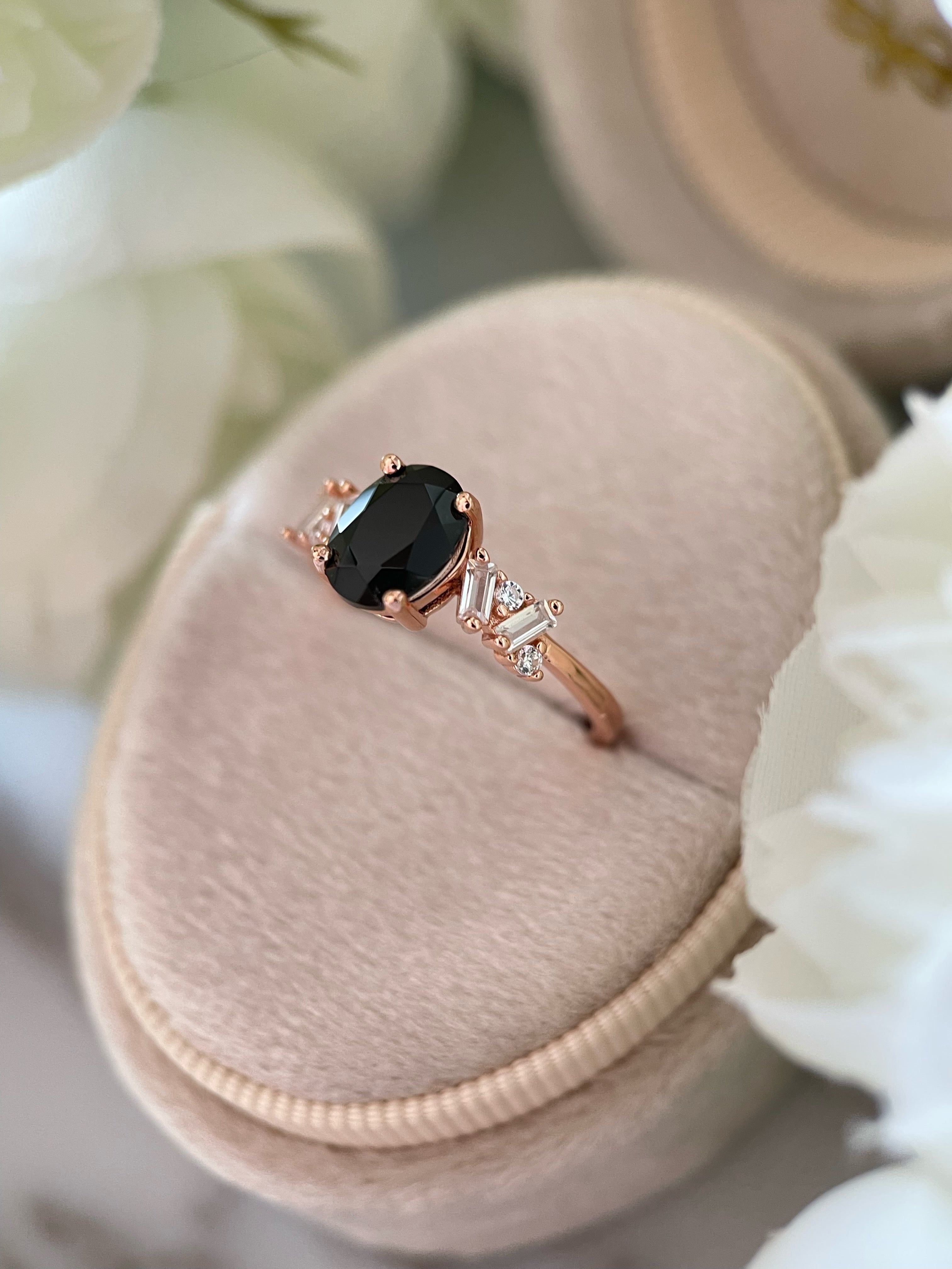 【Eclipsa】Handmade Natural Black Onyx Engagement Ring 1.5ct Oval Cut